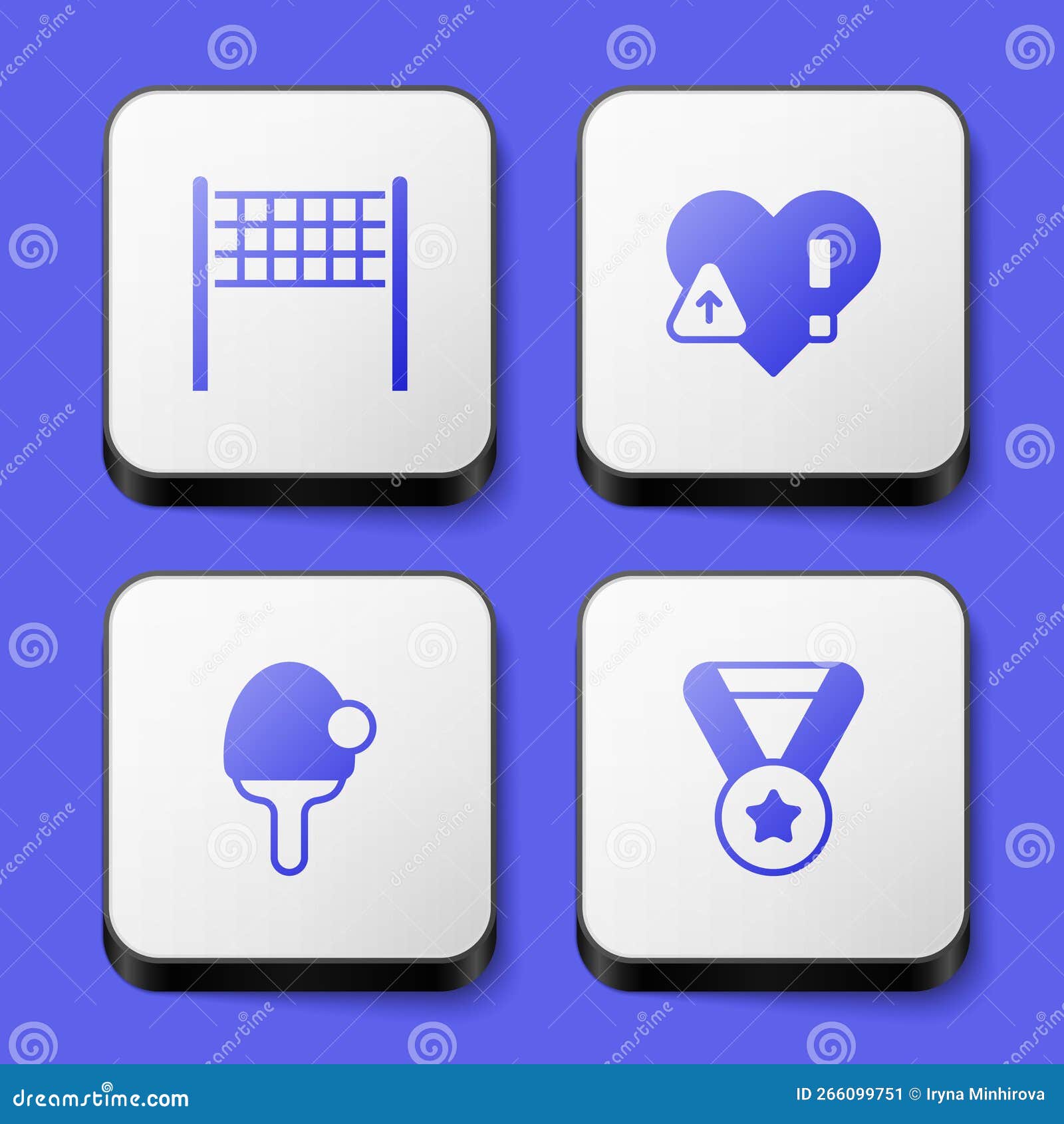 Set Volleyball Net, Heart Rate, Racket and Medal Icon. White Square Button. Vector Stock Vector