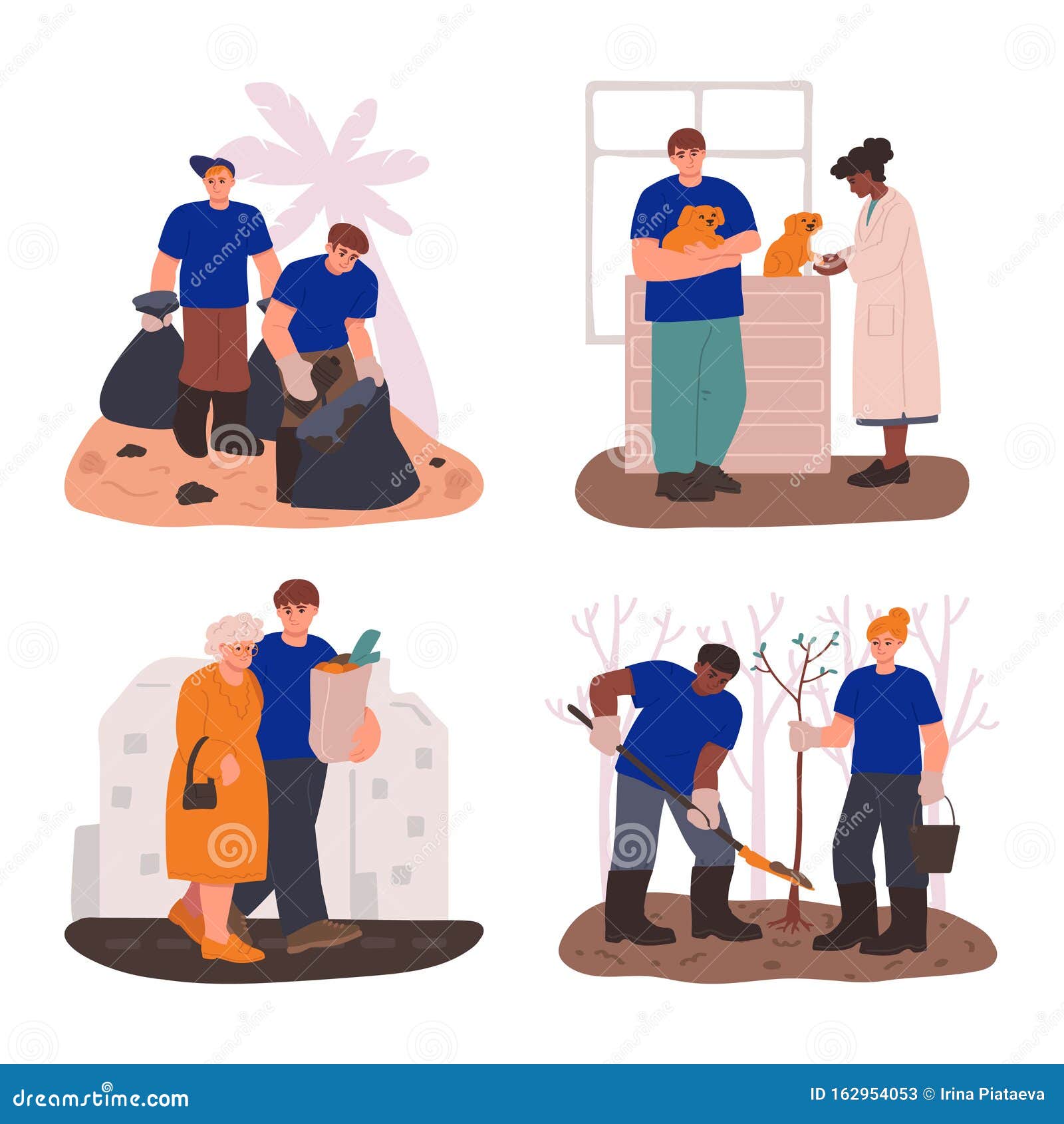 A Set of Volunteer Help Situations. Volunteers at Work. Helping People,  Animals and Nature. Charity Donation Stock Illustration - Illustration of  person, help: 162954053