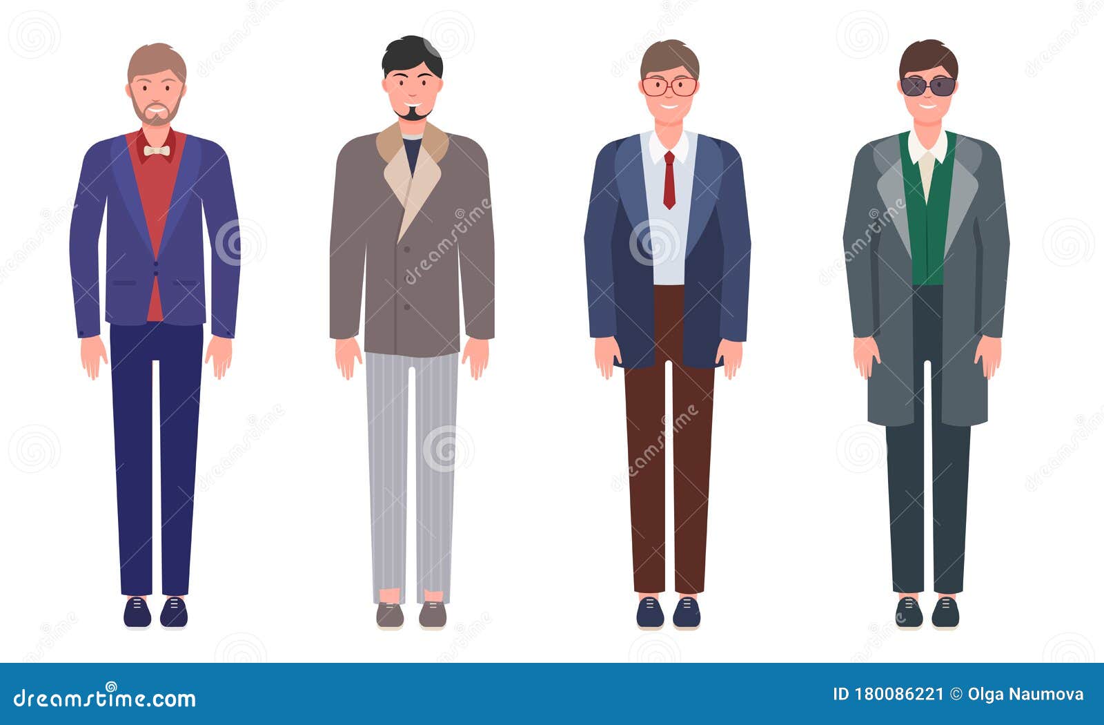 Set Von Gut Aussehenden Jungen Mannern In Klassisch Eleganten Kleidung Und Anzugen Vector Illustration In Flachem Cartoon Stil Vektor Abbildung Illustration Von Vector Flachem