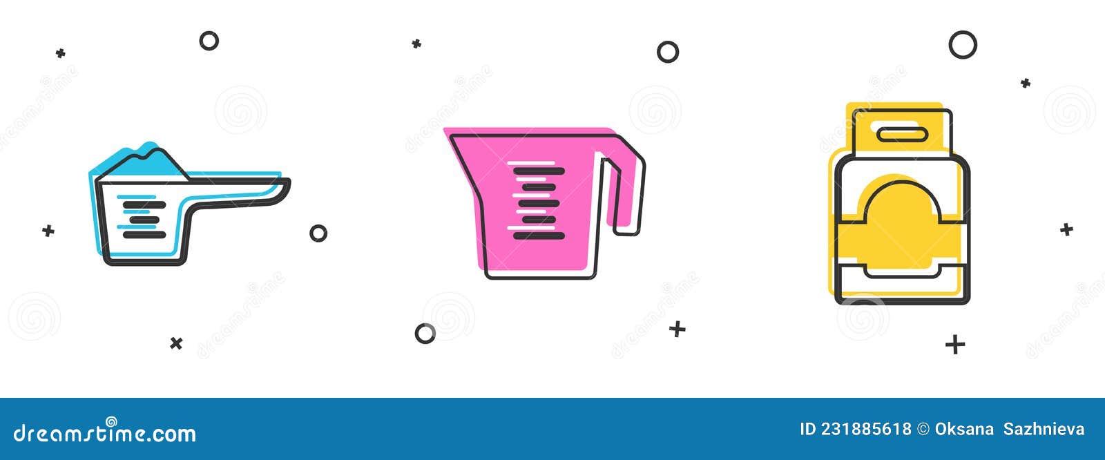 Set Washing Powder, Measuring Cup and Laundry Detergent Icon. Vector
