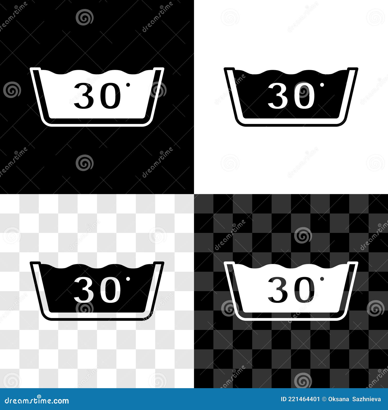 Set Washing Under 30 Degrees Celsius Icon Isolated on Black and White
