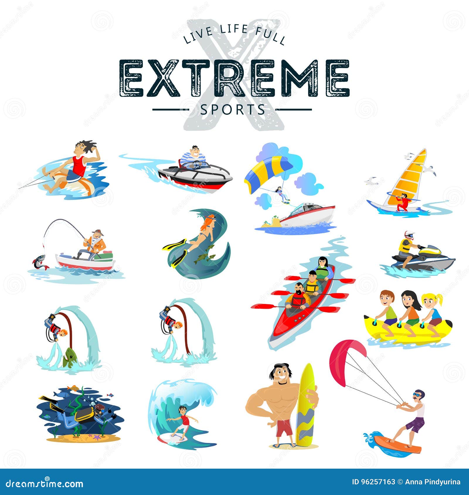 Set of Water Extreme Sports Icons, Isolated Design Elements for