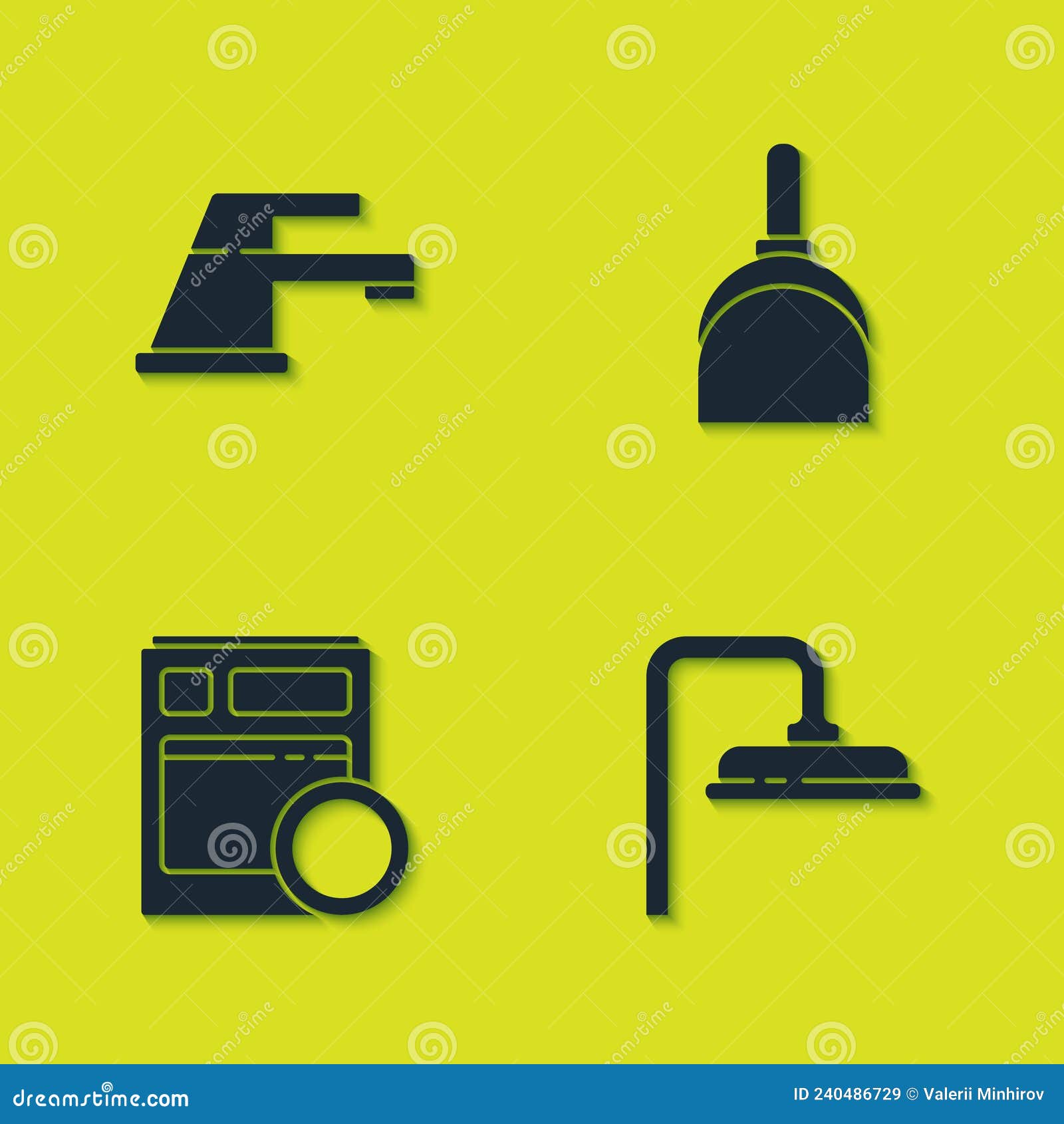Set Water Tap, Shower Head, Kitchen Dishwasher Machine and Dustpan Icon