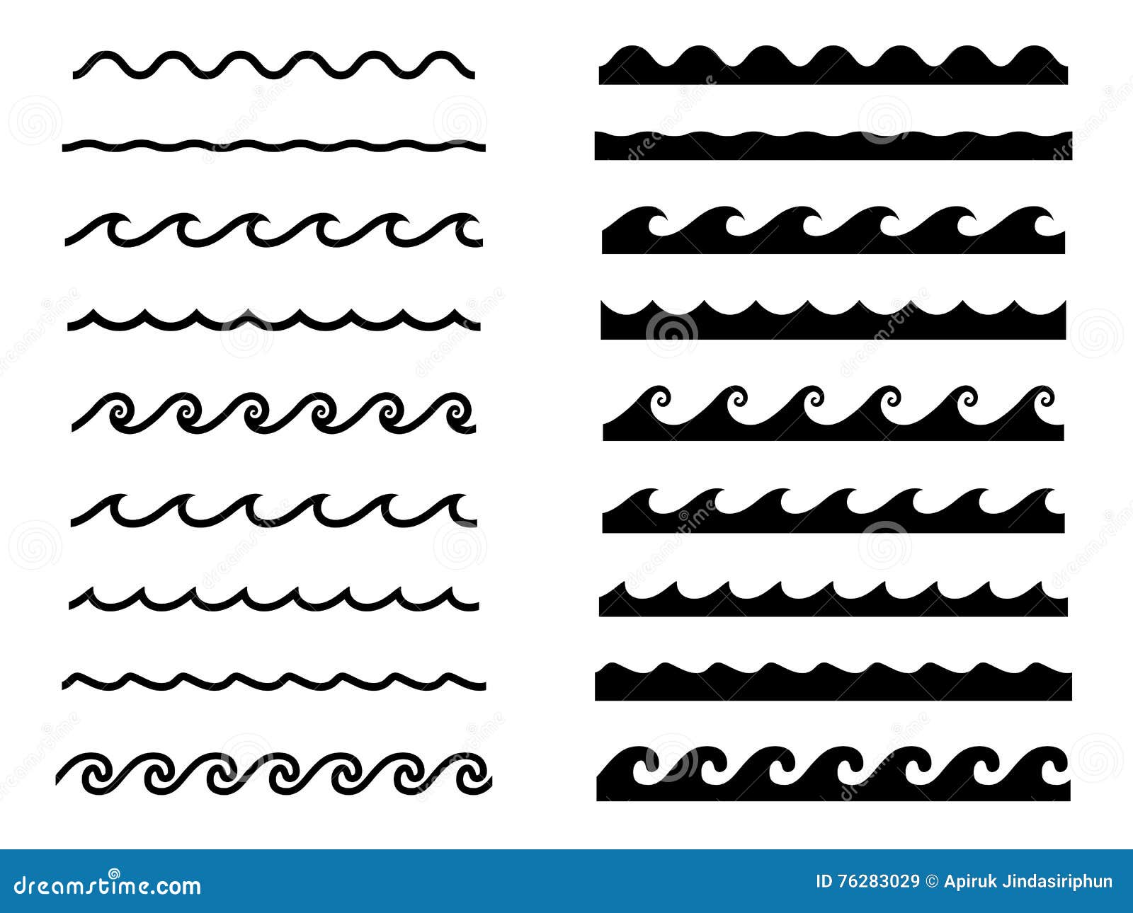 set of water wave icons, seamless wave pattern set