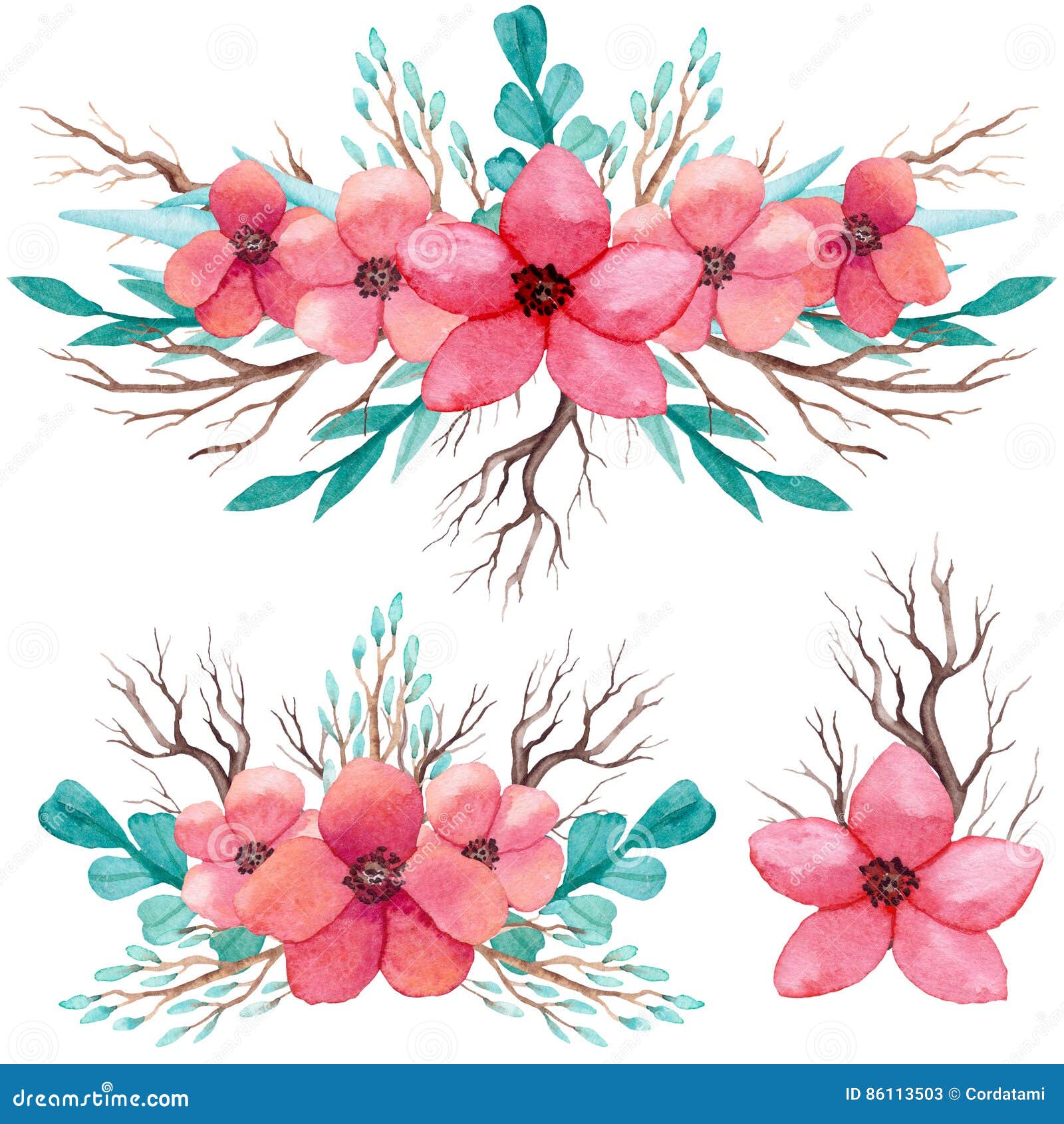 Download Set Of Watercolor Bouquets With Branches And Pink Flowers ...