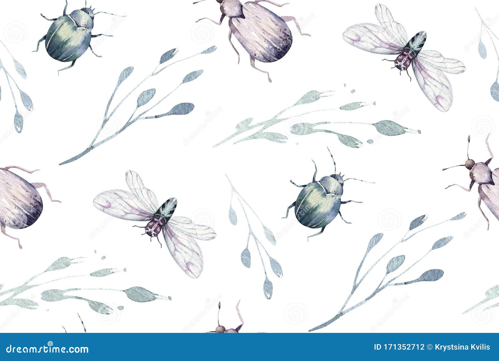 set of watercolor bright beetles seamless pattern, bugs fly and bees.  colorful cartoon buttle and bug. insect