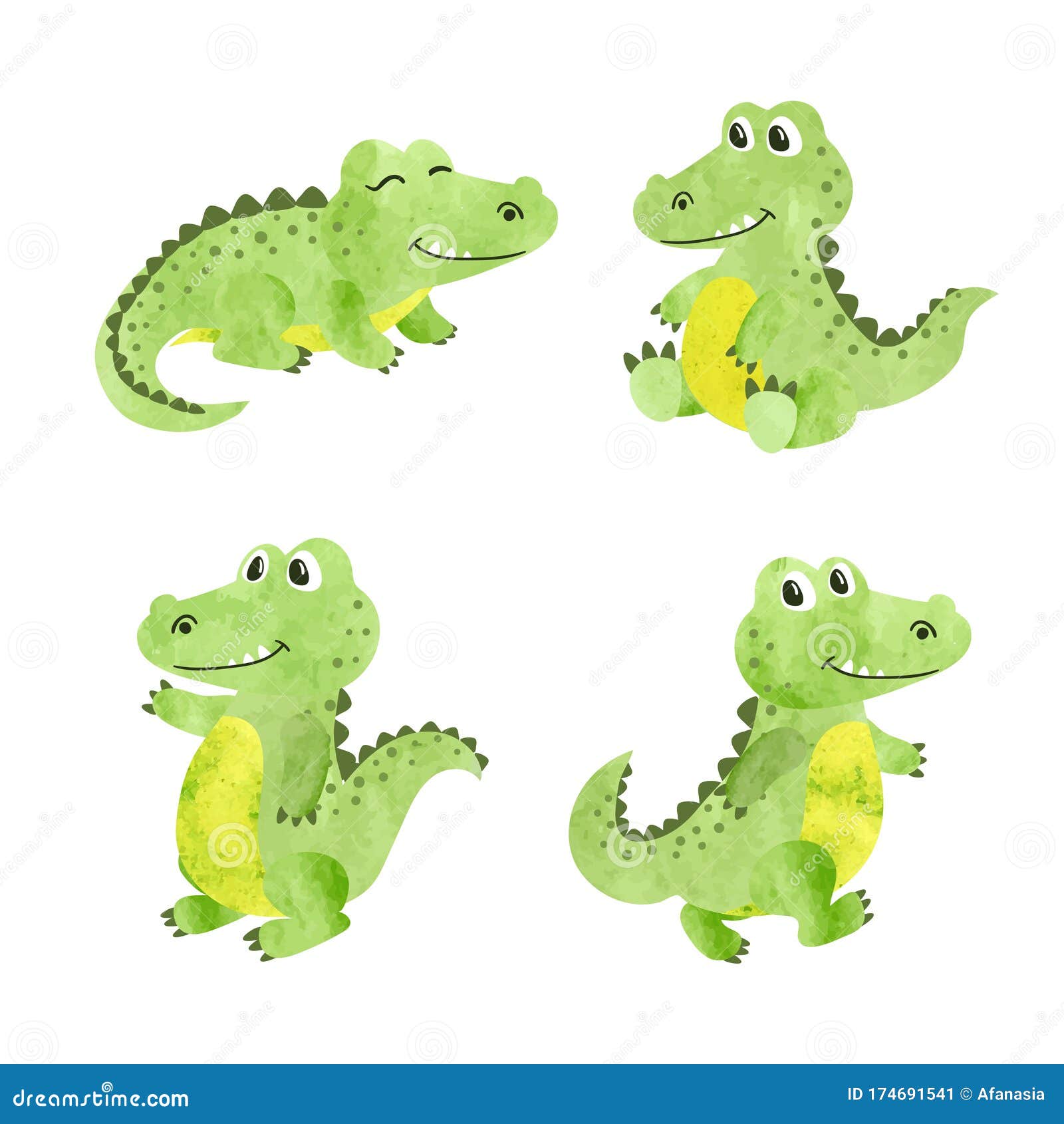 Set of Watercolor Cartoon Crocodiles. Vector Illustration of Alligators Stock Vector