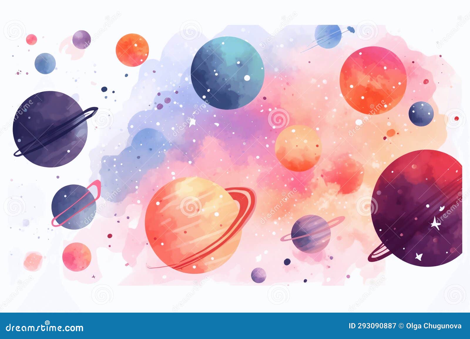 Set Watercolor Colorful Planets Isolated White Background