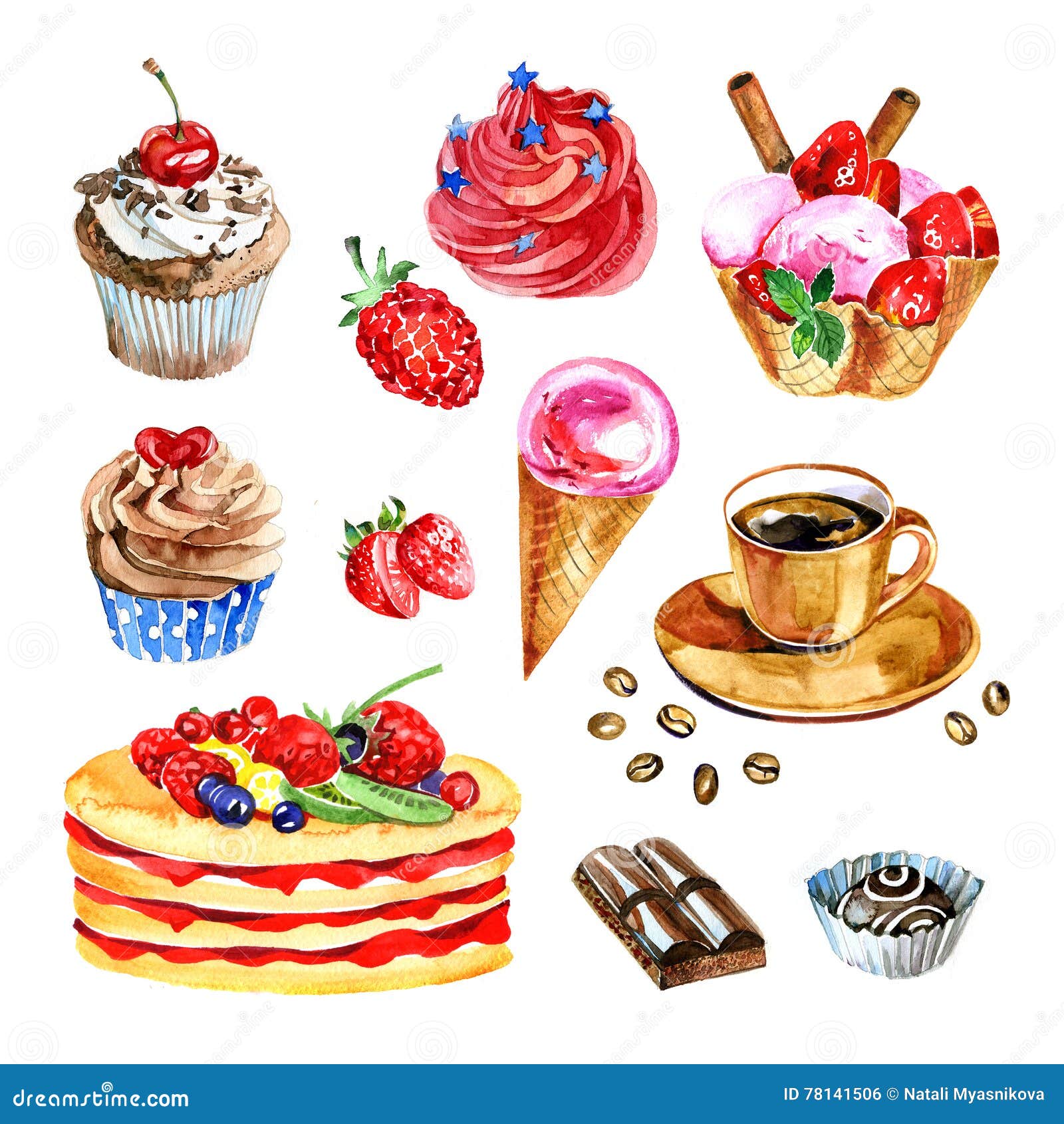 Download Set Of Watercolor Desserts, Chocolate, Coffee, Cupcake ...