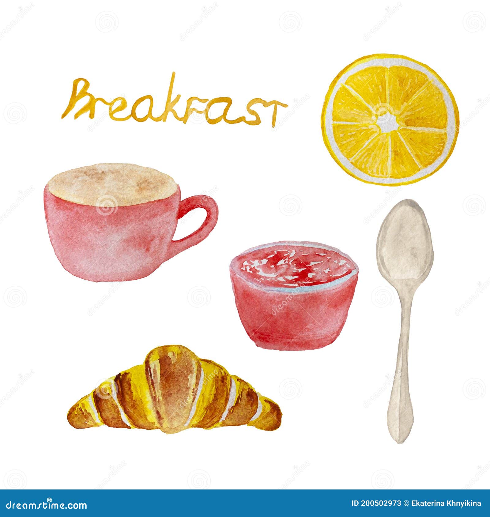 Set of Watercolor Elements Sweet Breakfast, Cup of Coffee, Croissant ...