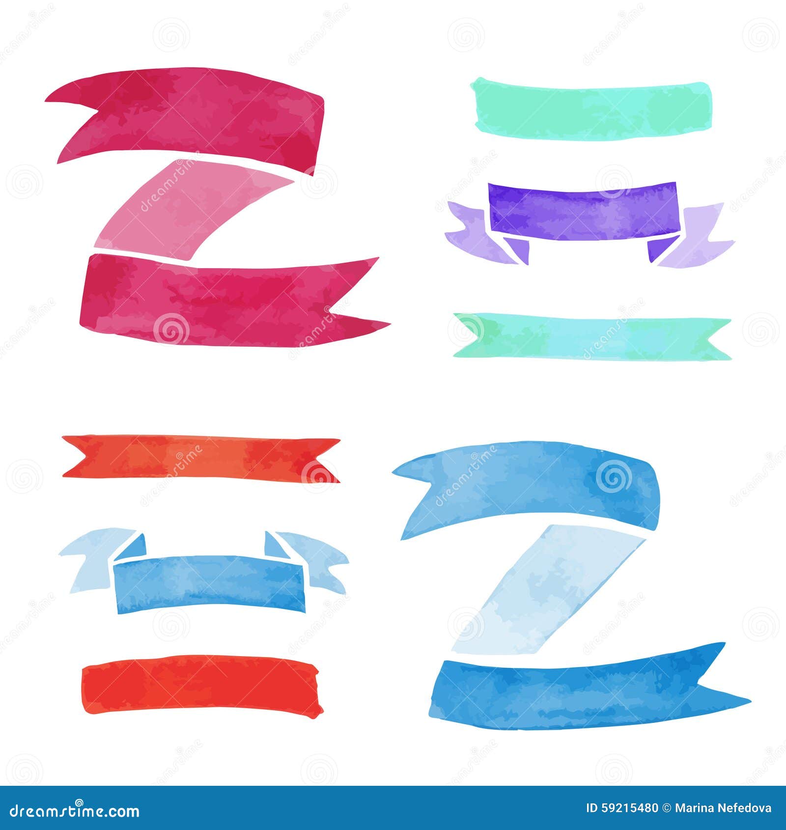 Set of Watercolor Hand Painted Ribbons. Stock Illustration