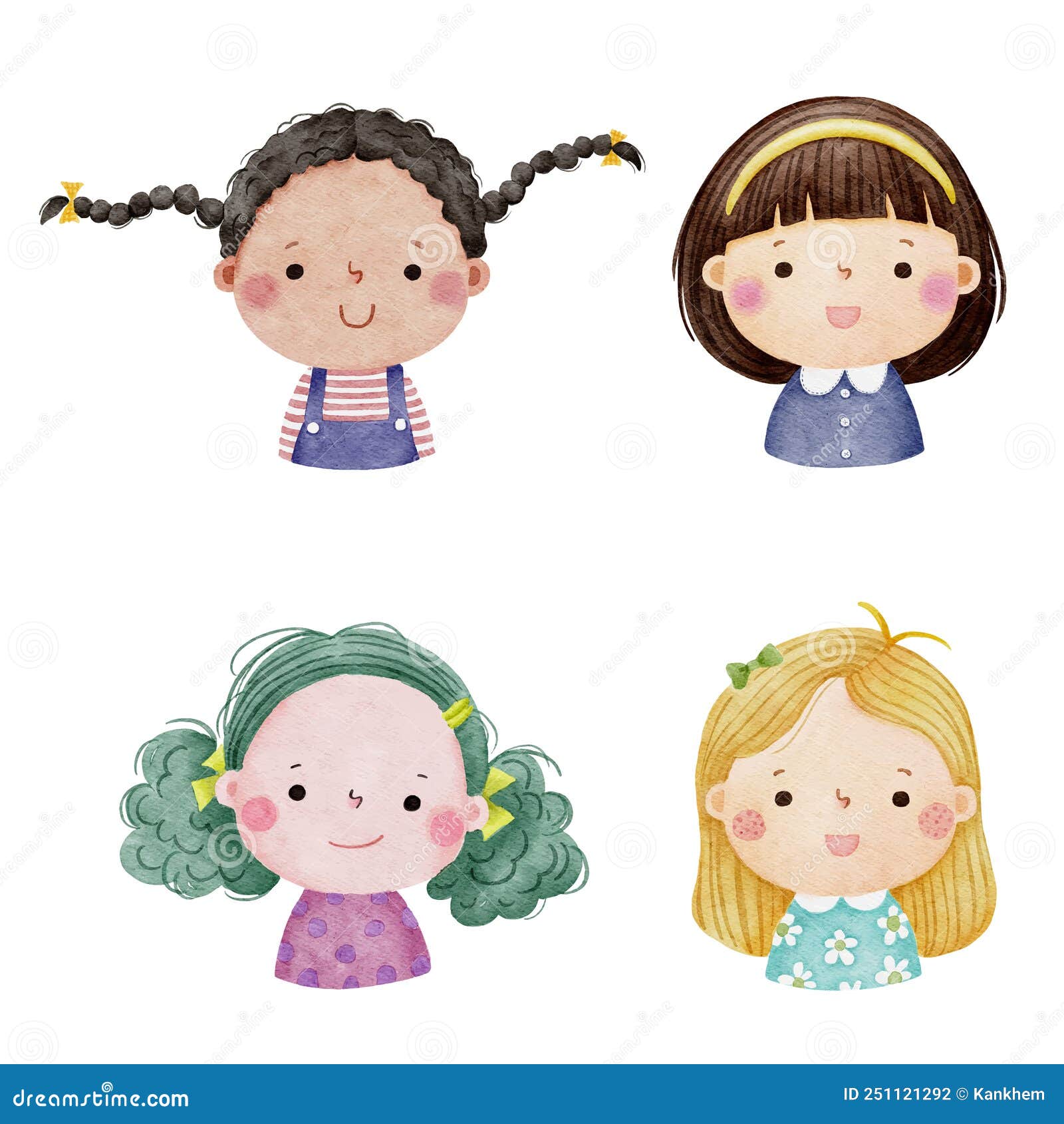 set of watercolor little girl faces, avatars, kid heads different nationality set 1