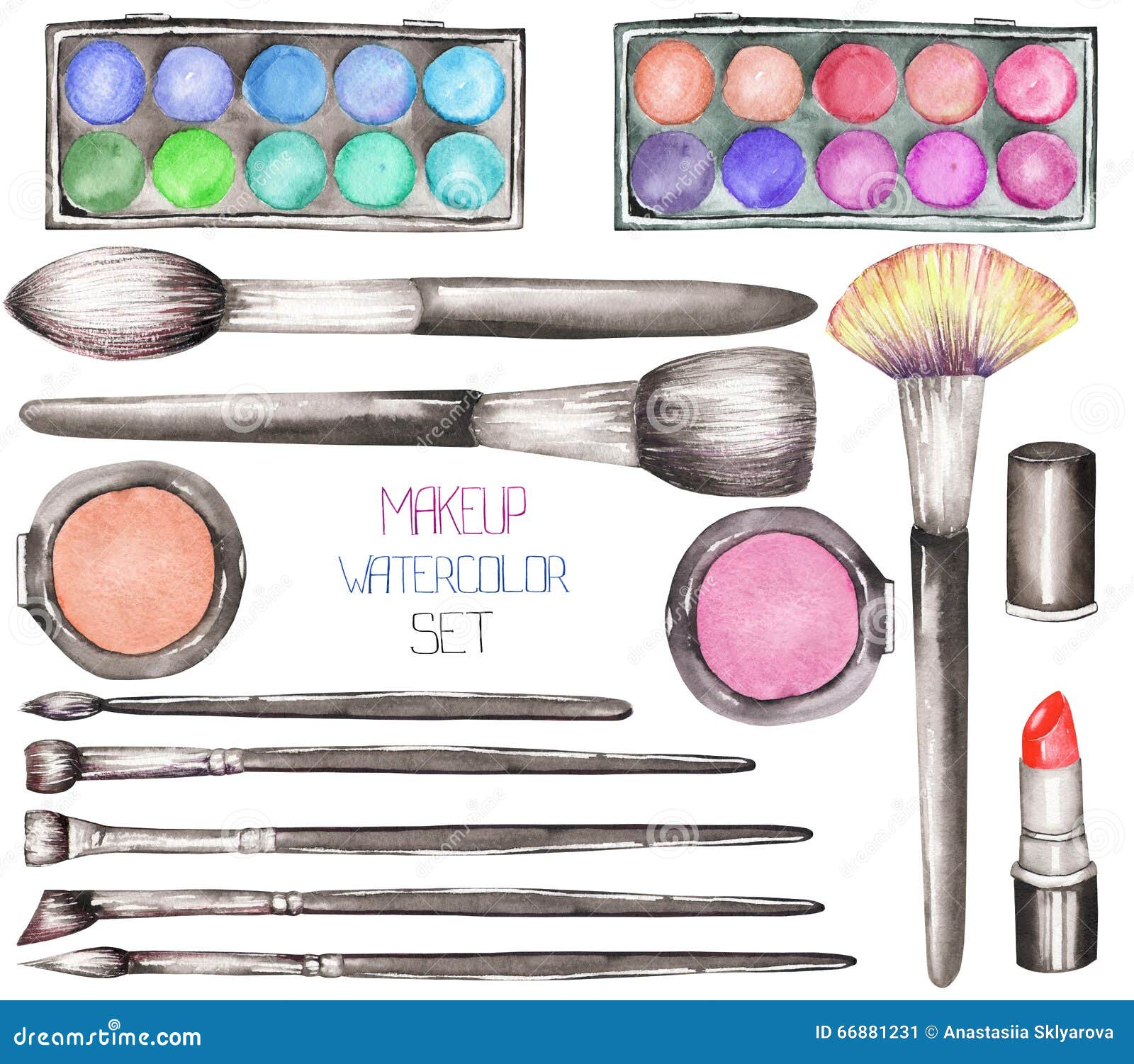A Set with the Watercolor Makeup Tools Blusher, Eyeshadow, Lipstick