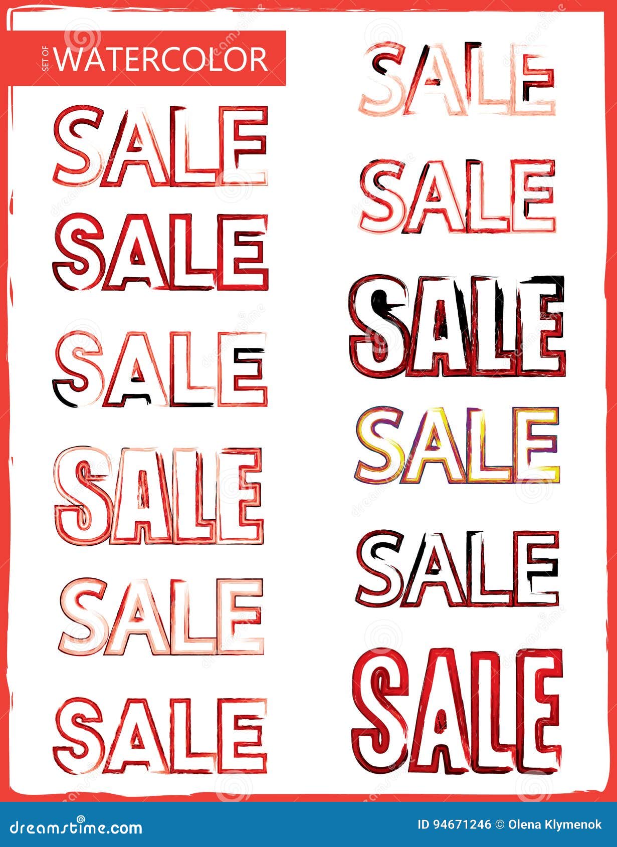 Set of Watercolor `Sale` Design Template. Stock Vector Illustration