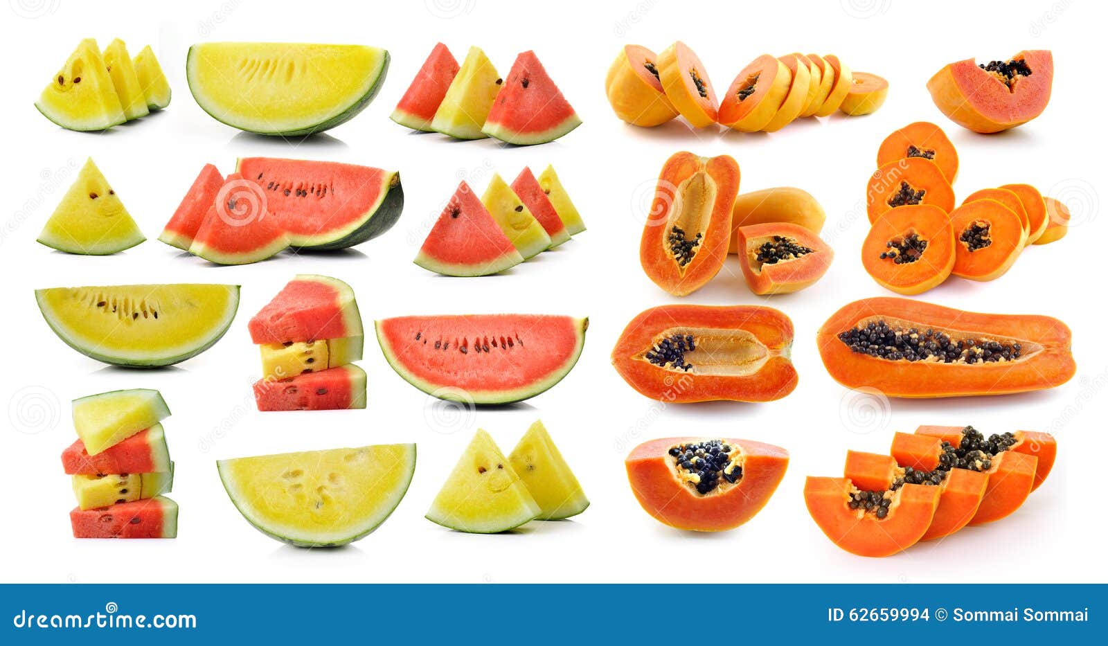 Set of Watermelon and Papaya Isolated on White Background Stock Photo
