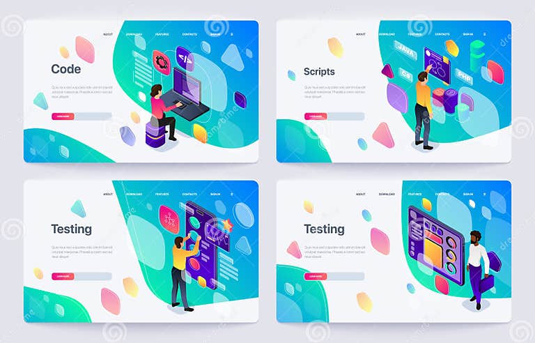 Set of Website Interface Illustrations Featuring Characters Engaging ...