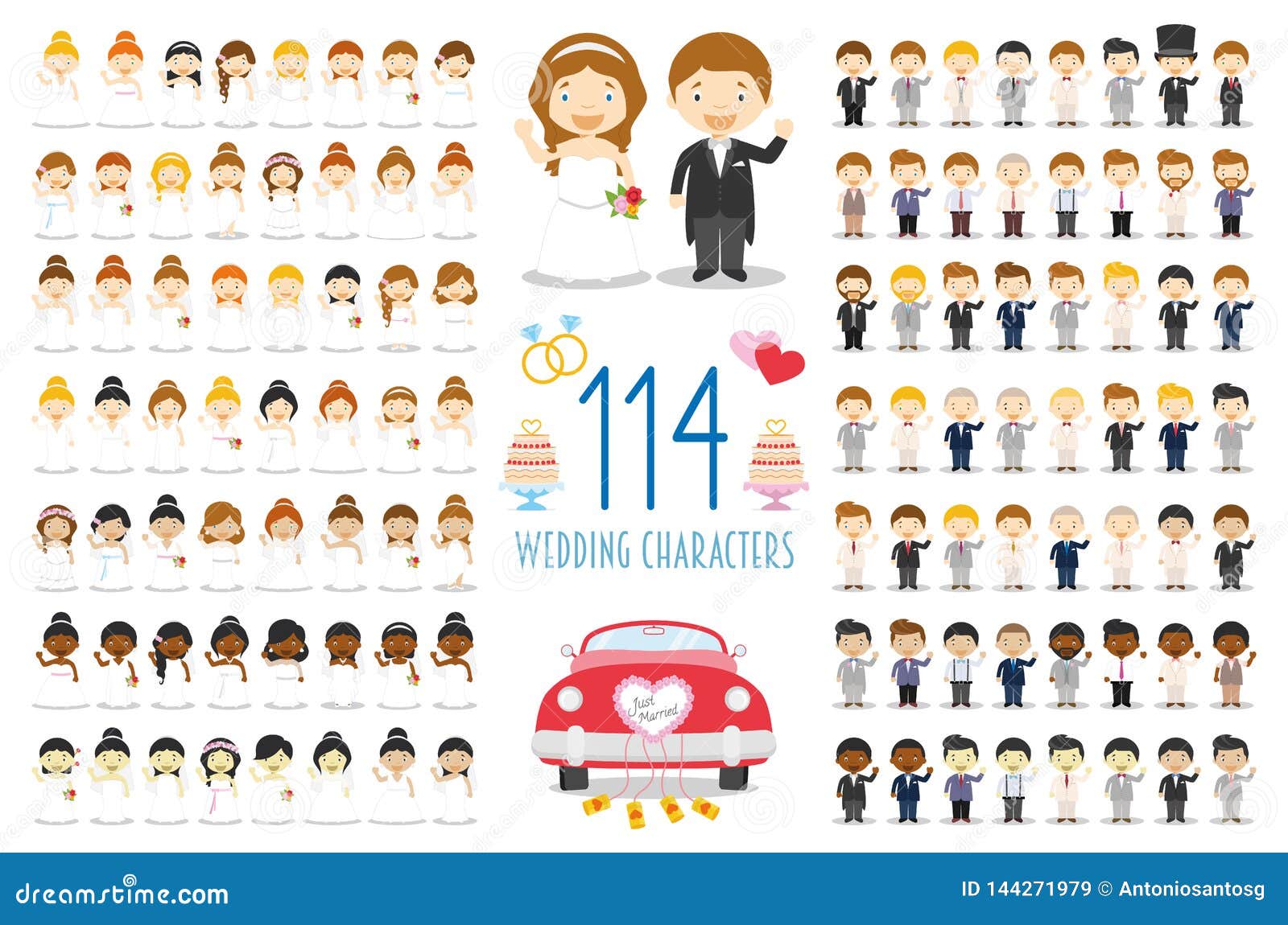 set of 114 wedding characters and nuptial icons in cartoon style