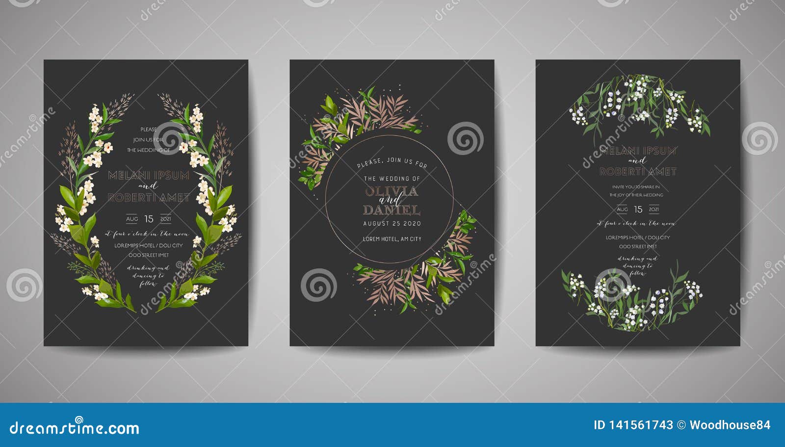 set of wedding invitation, floral invite, thank you, rsvp rustic card  with gold foil decoration. elegant modern template