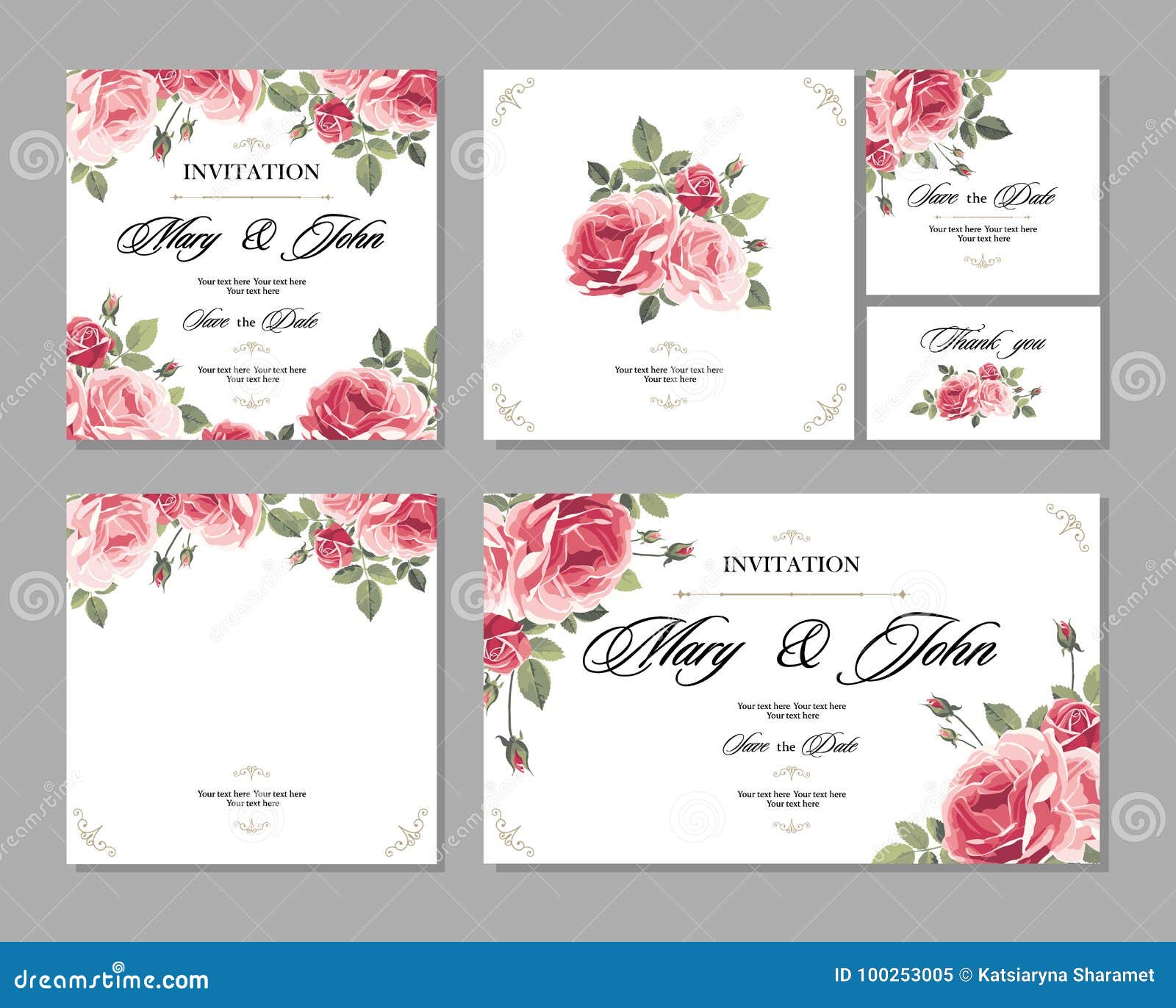 set wedding invitation vintage card with roses and antique decorative s.