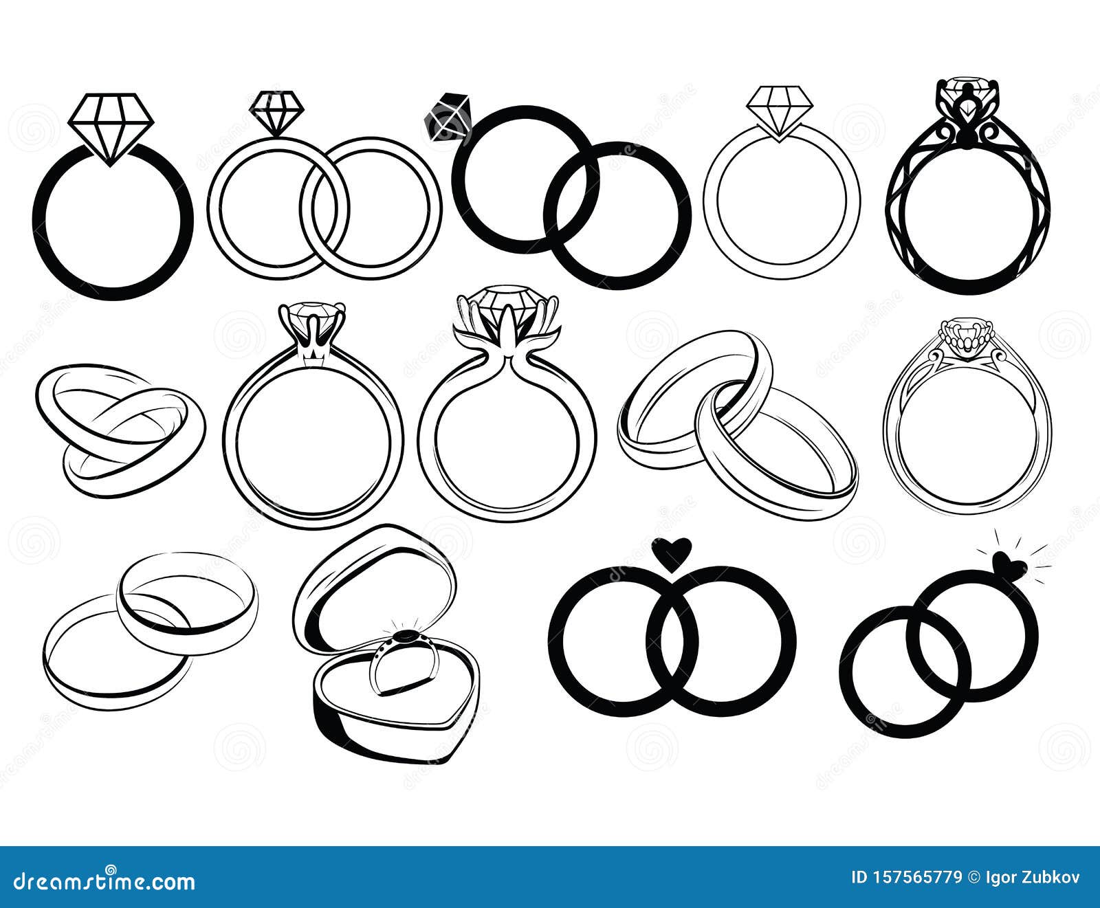 set of wedding rings. collection of engagement rings. black white  of jewelry for a wedding. ring logo