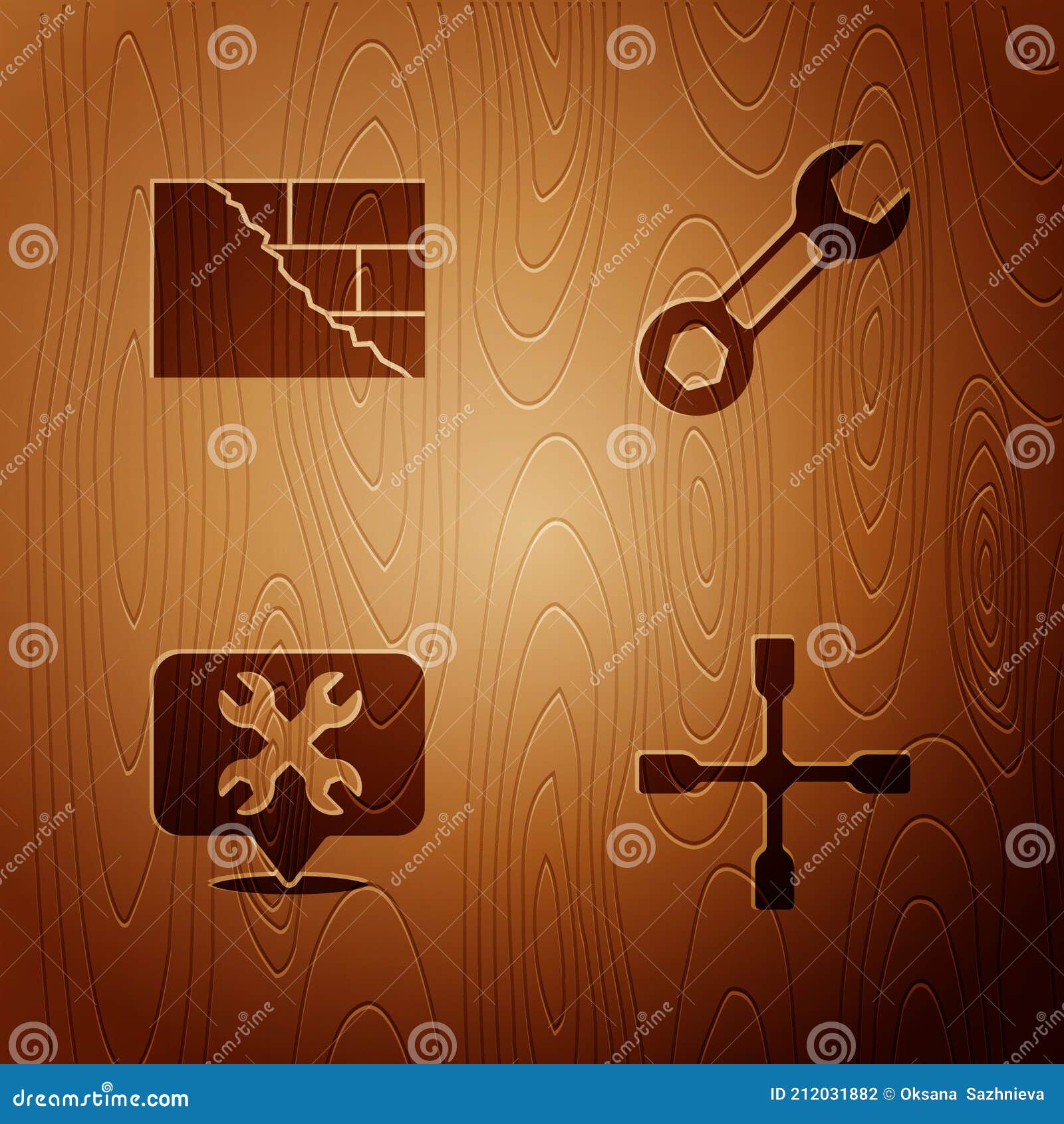 Set Wheel Wrench, Bricks, Location with and Wrench Spanner on Wooden Background. Vector Stock