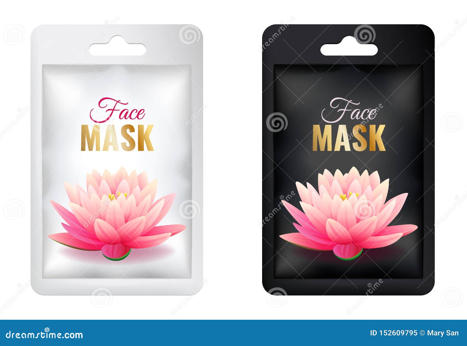 Download Set White And Black Cosmetic Facial Mask Individual Package Mock Up With Pink Lotus Stock Vector ...