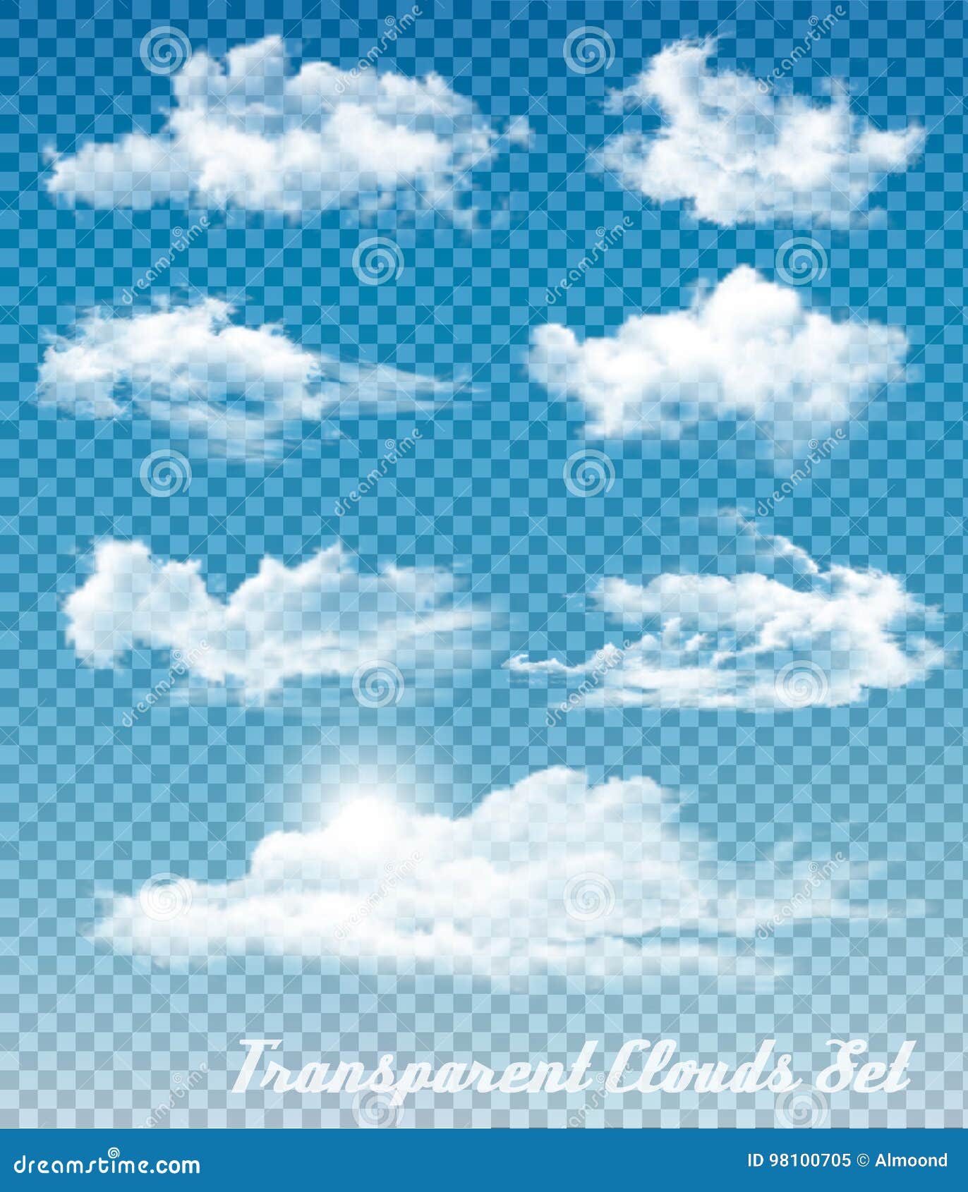 set of white clouds on a transparent sky background.