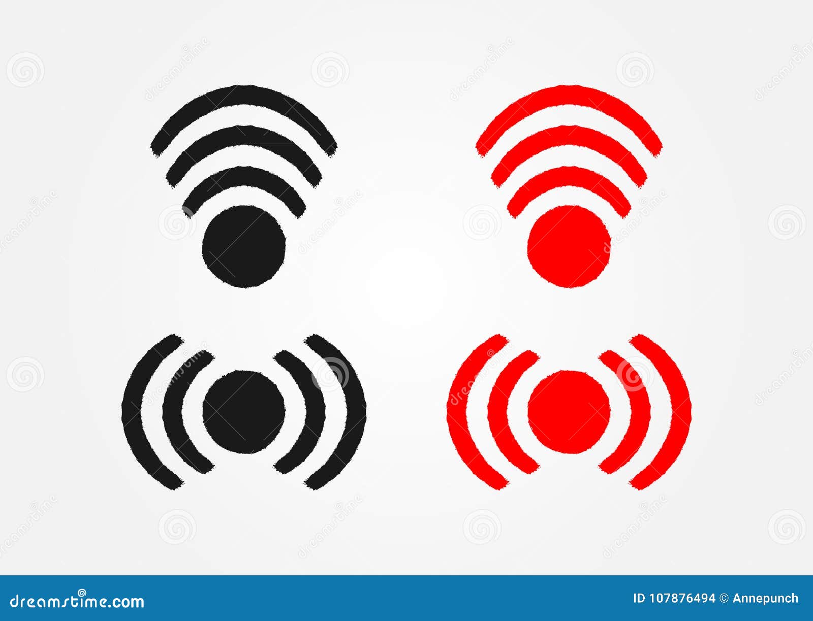 Set of Wi-fi Icons Drawn by Hand with Rough Brush. Black and Red