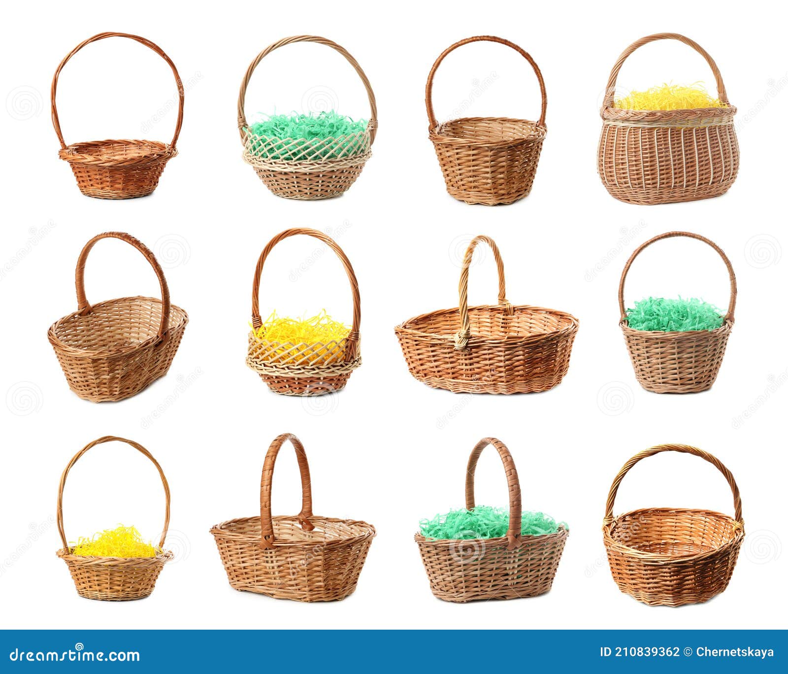 Set with Wicker Baskets on White Background. Easter Item Stock Photo