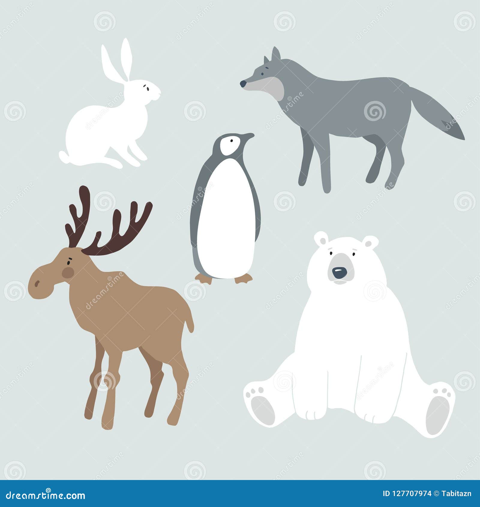 set of wild winter animals and bird. cute polar bear, moose, wolf, hare, rabbit and penguin. christmas nordic 
