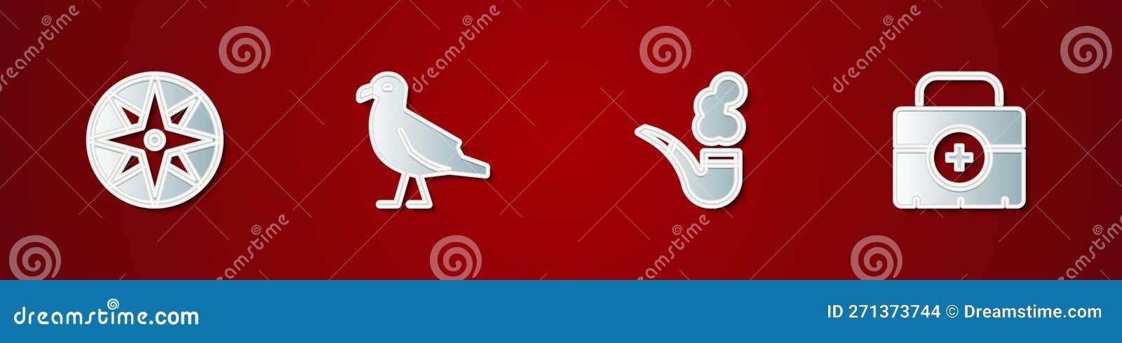 set wind rose, bird seagull, smoking pipe and first aid kit icon. 