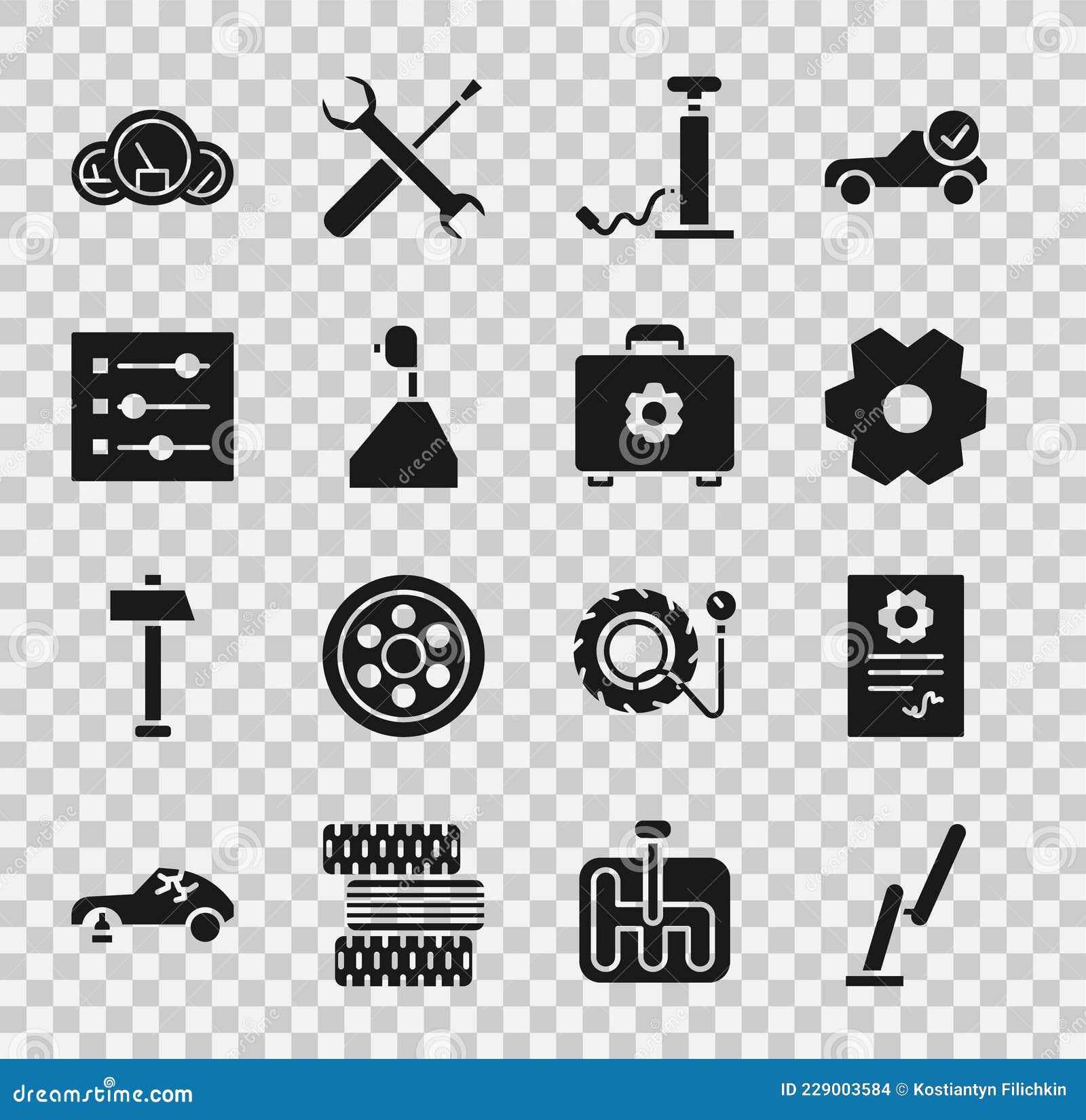 set windscreen wiper, auto service check automotive, gear, car air pump, shifter, settings, speedometer and toolbox icon