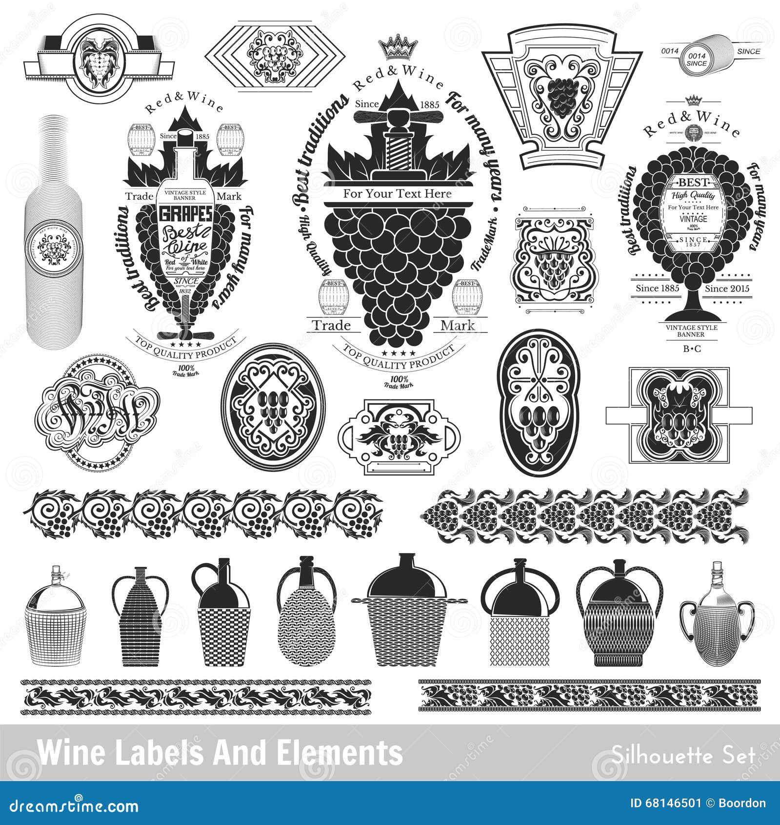 Set of Wine Labels. Collection Isolated Black on White Stock Vector