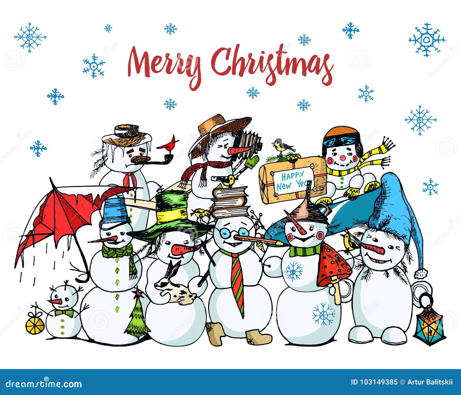 Set of winter holidays snowman in different costumes photographer and artist with ts engraved hand drawn in old sketch and vintage style for label and