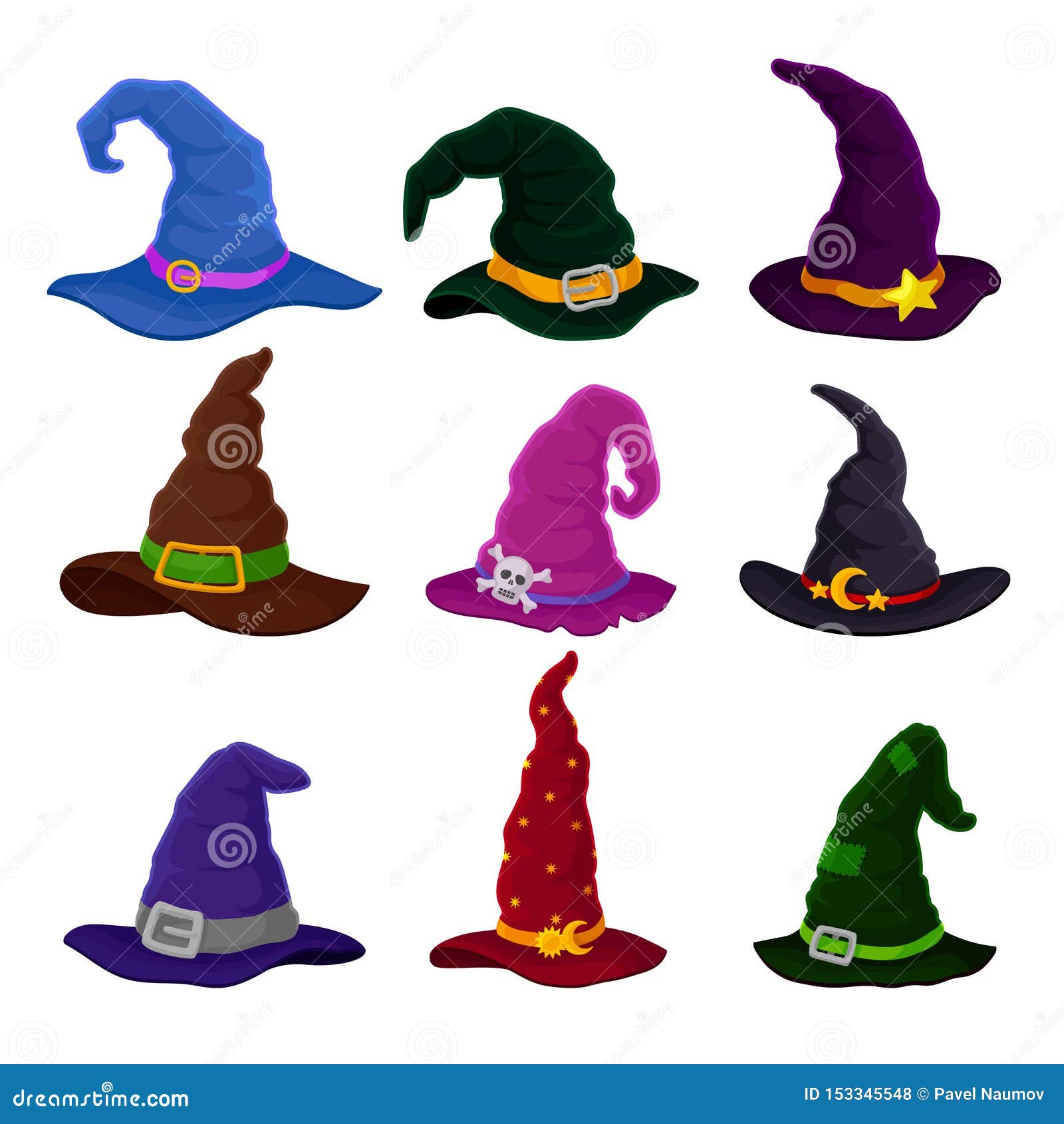 Set of Hats Wizards in Different Colors. Vector Illustration on White ...