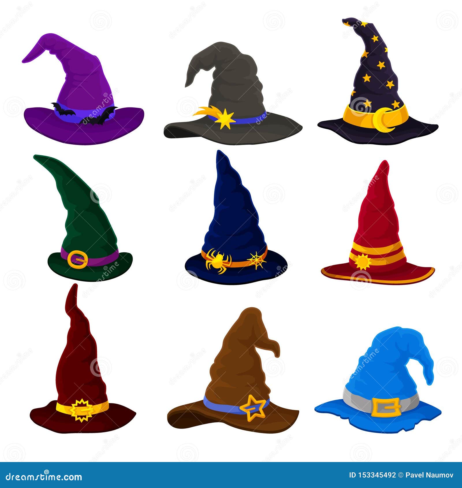 Set Of Wizard Hats. Vector Illustration On White Background. Stock