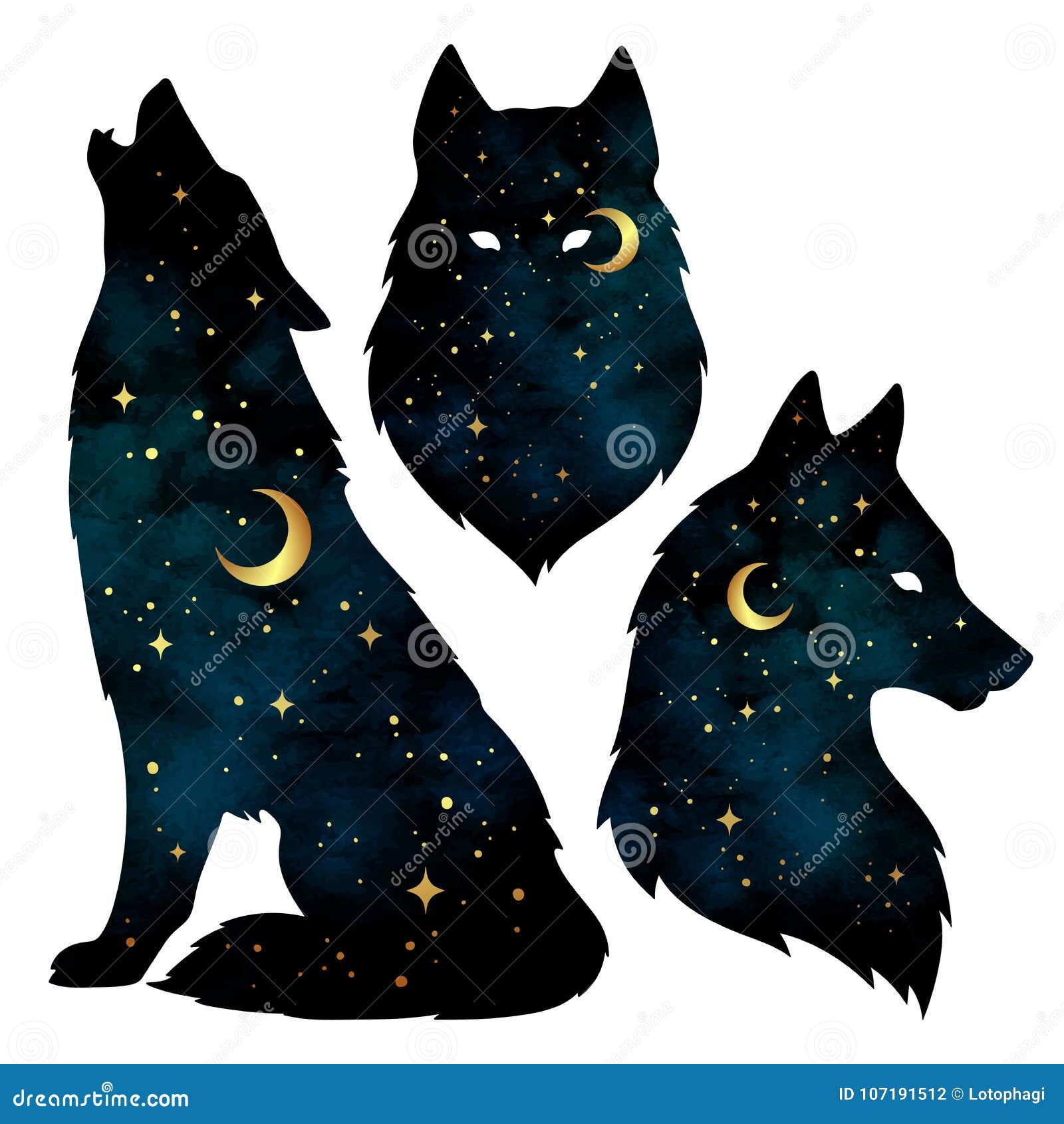 set of wolf silhouettes with crescent moon and stars