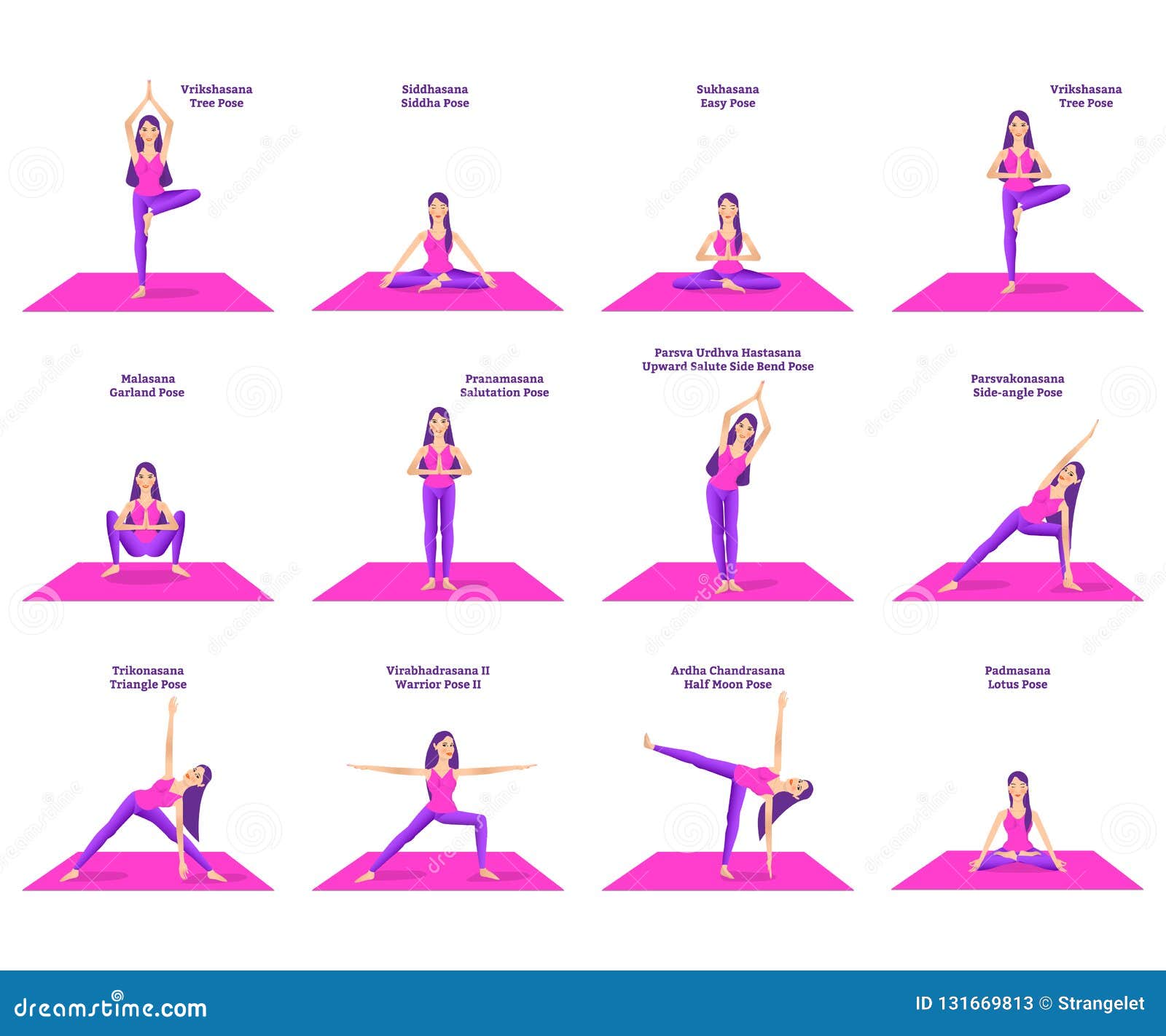 set woman doing different yoga poses set woman doing different yoga poses standing pink mat names asanas text 131669813