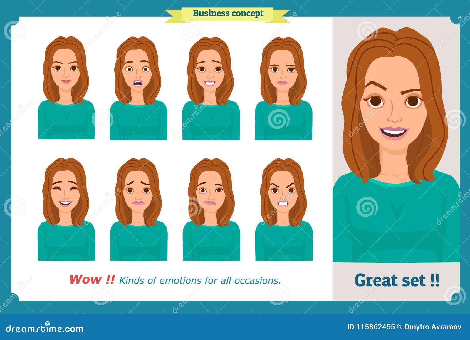 set of woman expression  on white. flat . cute  face girl,angry, sad, smiling. businesswoman character