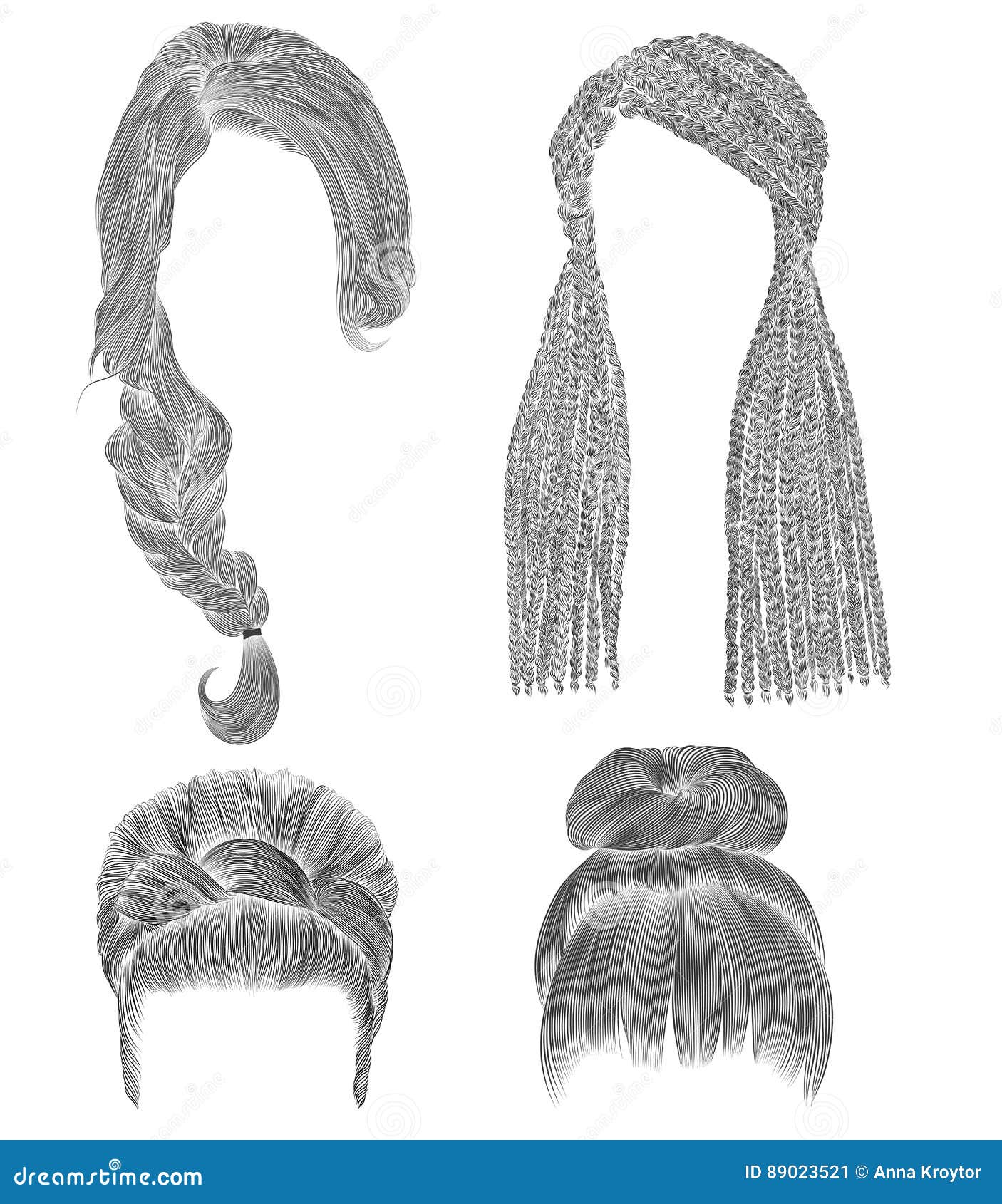 Set Woman Hairs . Black Pencil Drawing Sketch . Bun 