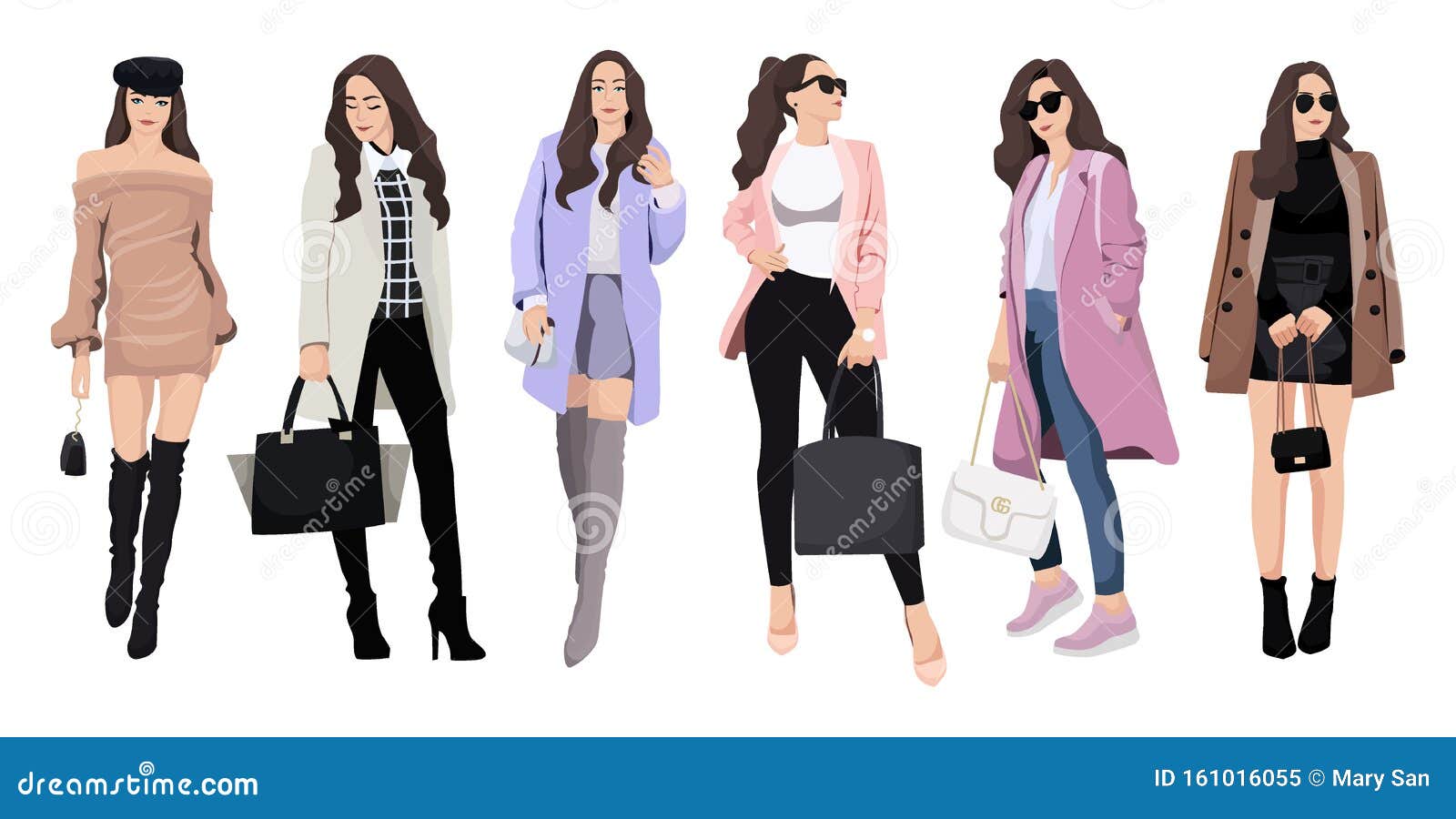 Set of Women Dressed in Stylish Trendy Clothes Stock Vector