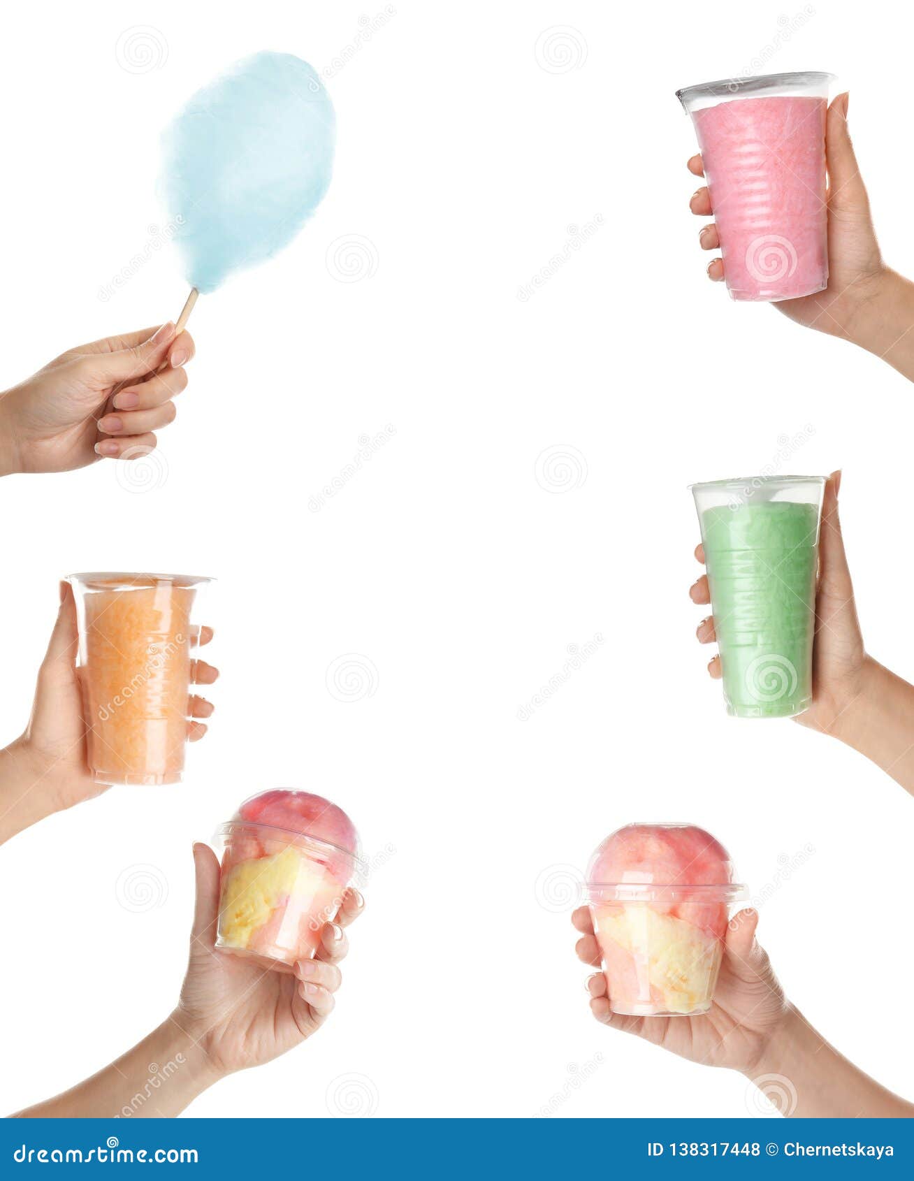 Set of Women Holding Colorful Yummy Candy Cotton on White Background ...