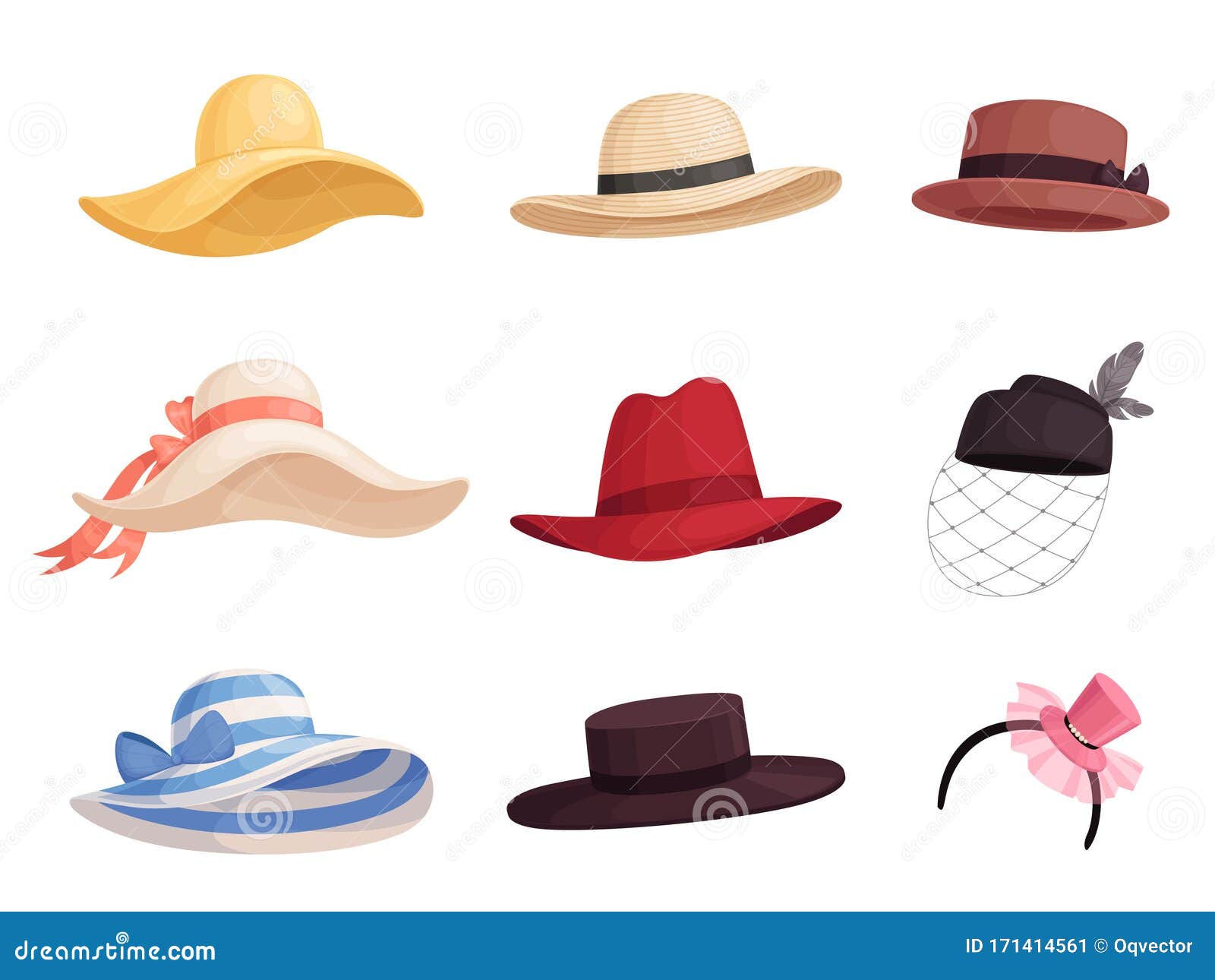 set of women`s fashionable hats of different colors and styles in retro style. elegant broad-brimmed hat, panama, gaucho