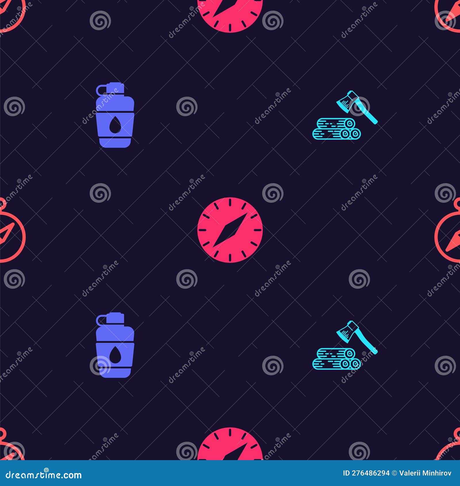 Set Wooden Axe and Wood, Canteen Water Bottle, Compass and on Seamless Pattern. Vector Stock