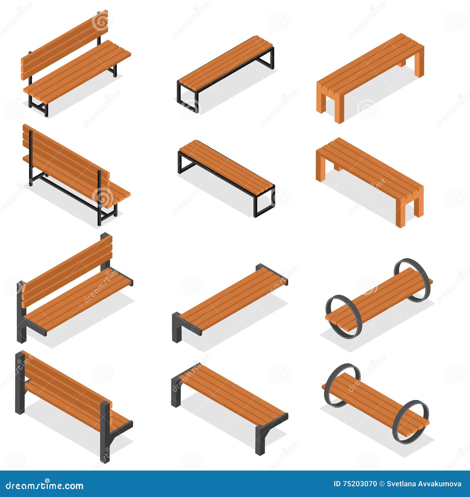 Set Of Wooden Benches For The Park Isometric Style Stock Vector