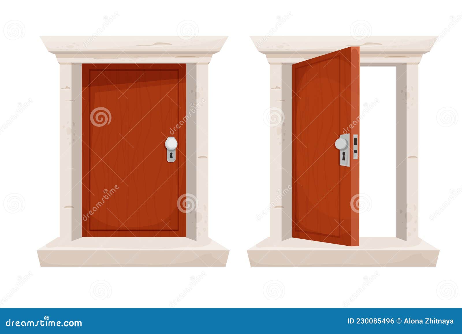 Closed front doors with stone frame for building facade. Vector cartoon set  of house entrance, red, brown and blue wooden doors with knobs and windows  isolated on white background Stock Vector