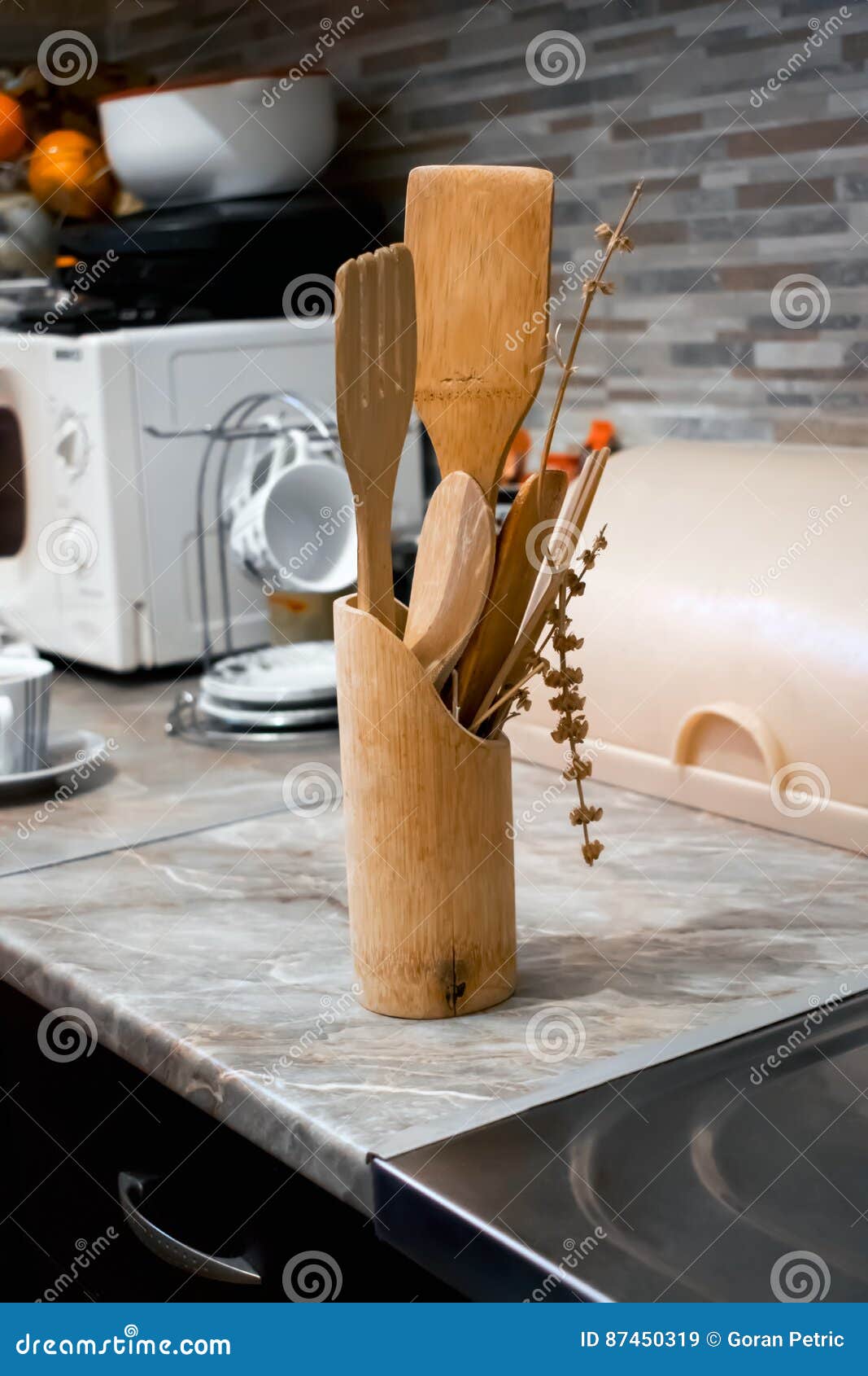 Set of Wooden Kitchen Utensils on the Table Stock Image Image of