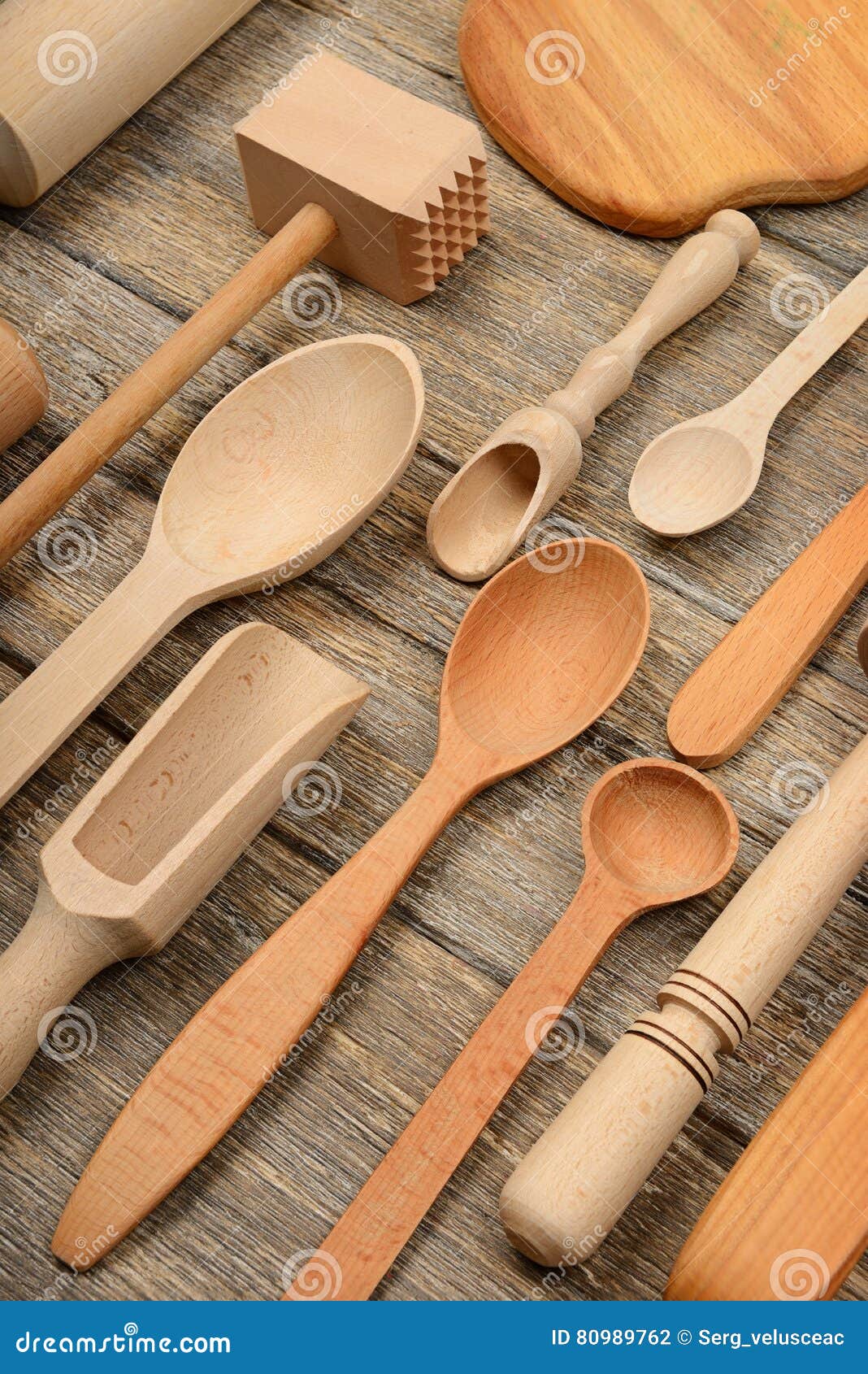 Set Wooden Kitchen Utensils on Wooden Table. Stock Photo  Image of