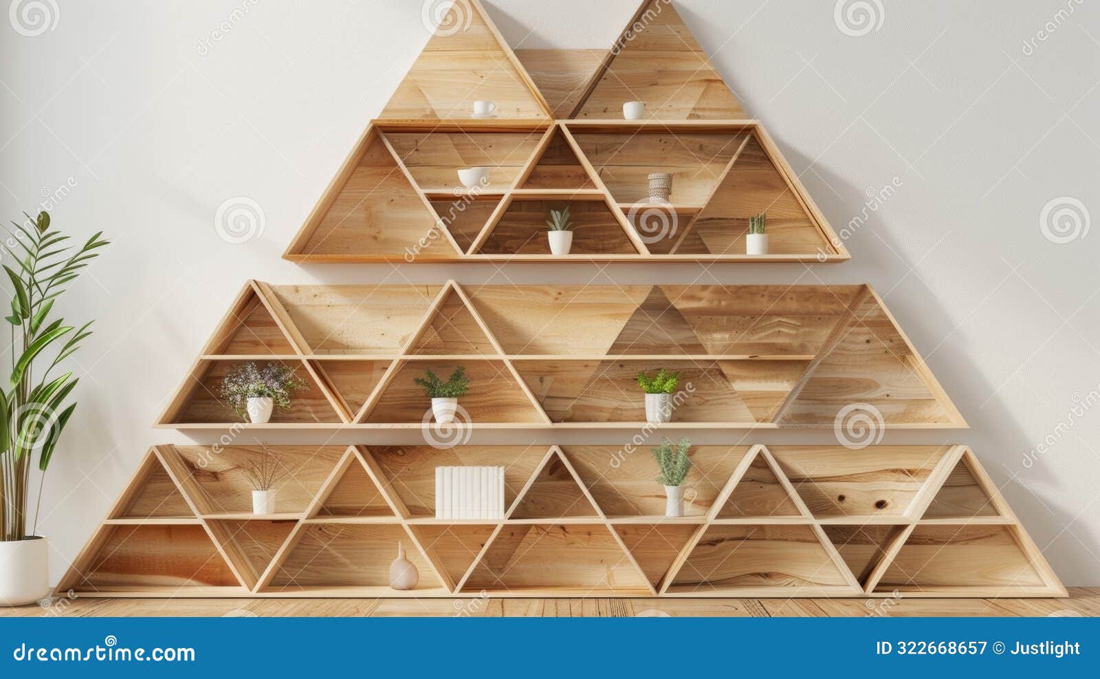 a set of wooden shelves in the form of nested triangles adding a touch of geometric elegance to any room