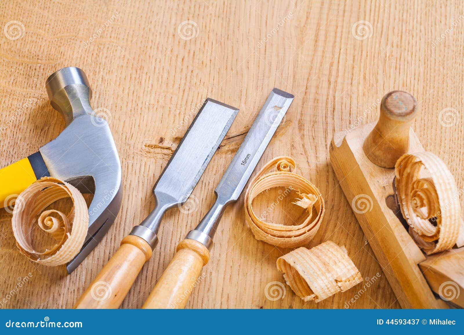 Set of Woodworking Tools Chisel Hammer Plane on Wooden Board Stock Image Image of hammer